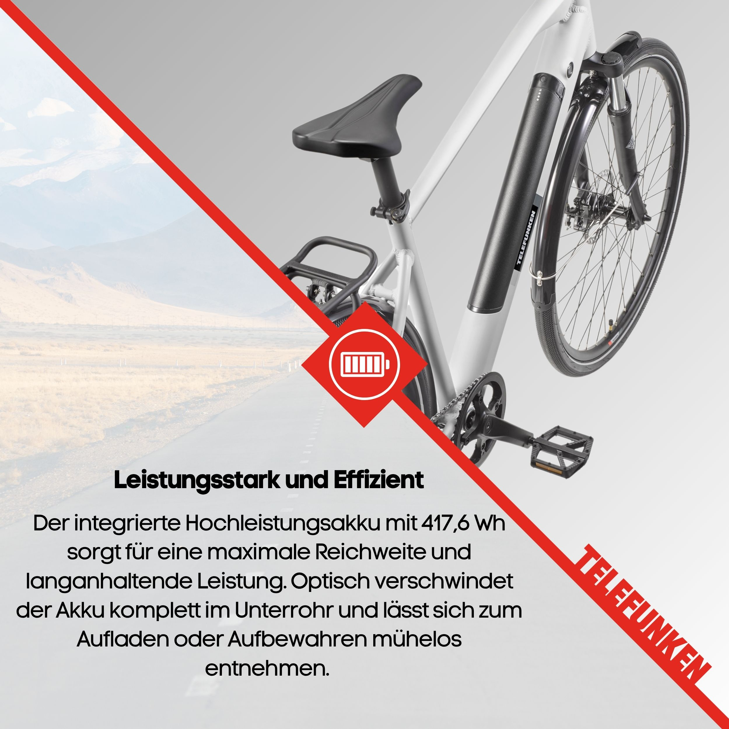 Ein weißes Fahrrad mit einem schwarzen Akkupack, Text über Leistung und Effizienz.