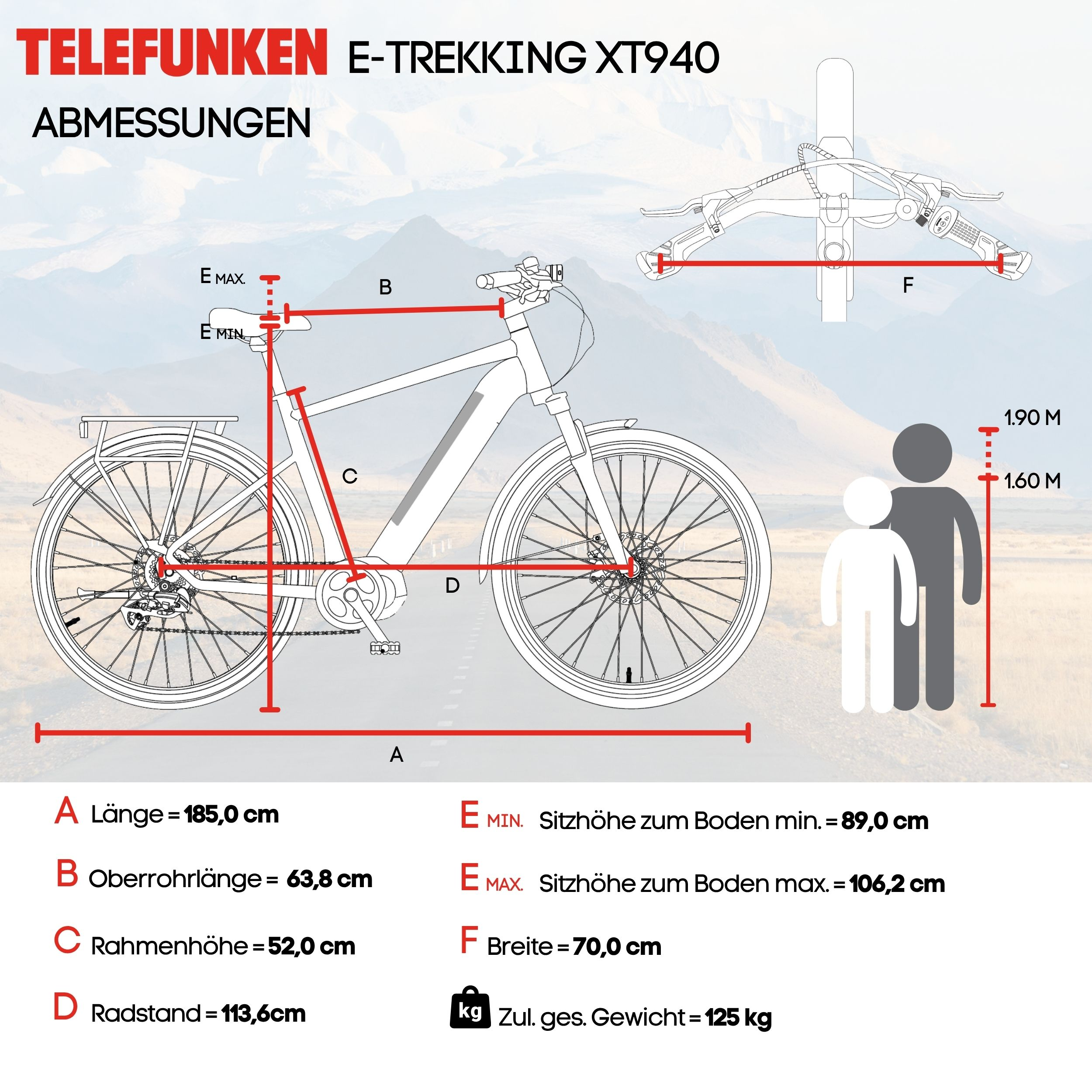 E-Bike mit Diagramm. Telefunken-Branding und Maße. Weißer Hintergrund.