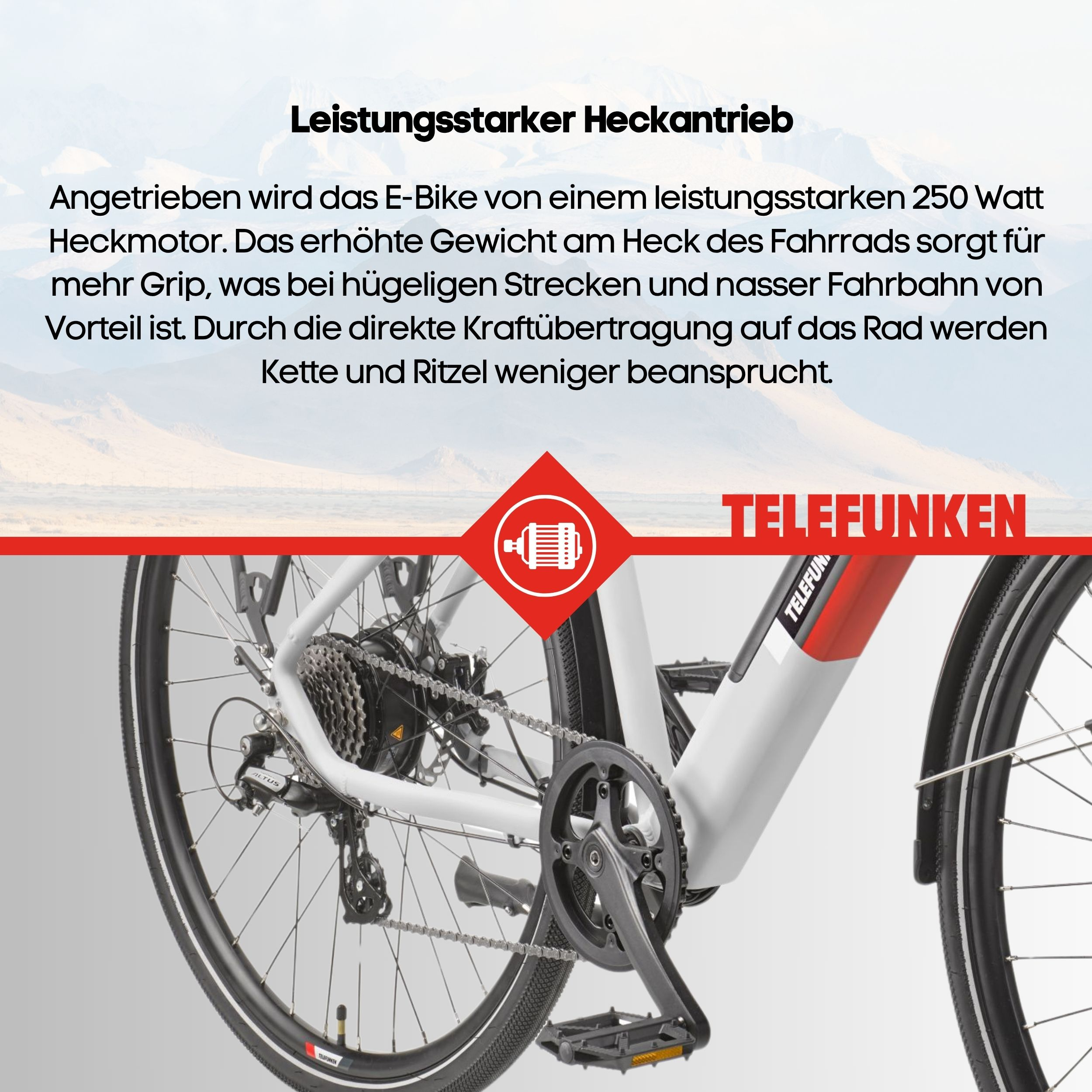 Nahaufnahme des Hinterrads und der Kette eines E-Bikes. Telefunken-Logo in Rot.