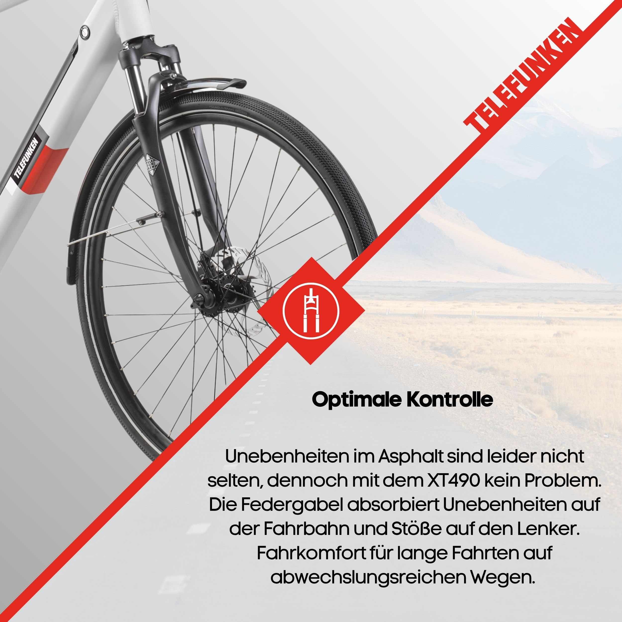 Nahaufnahme von E-Bike-Rad und Gabel. Telefunken-Logo. Rot und Weiß.
