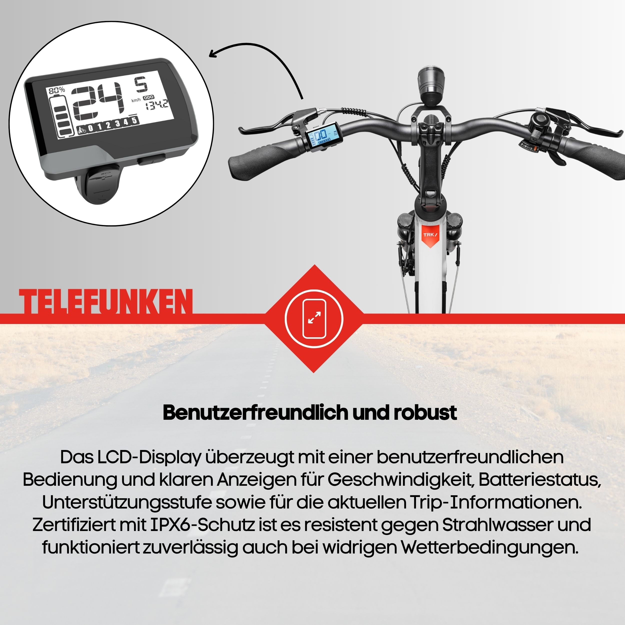 E-Bike-Display mit Geschwindigkeitsanzeige. Telefunken-Branding. Schwarz und Weiß.