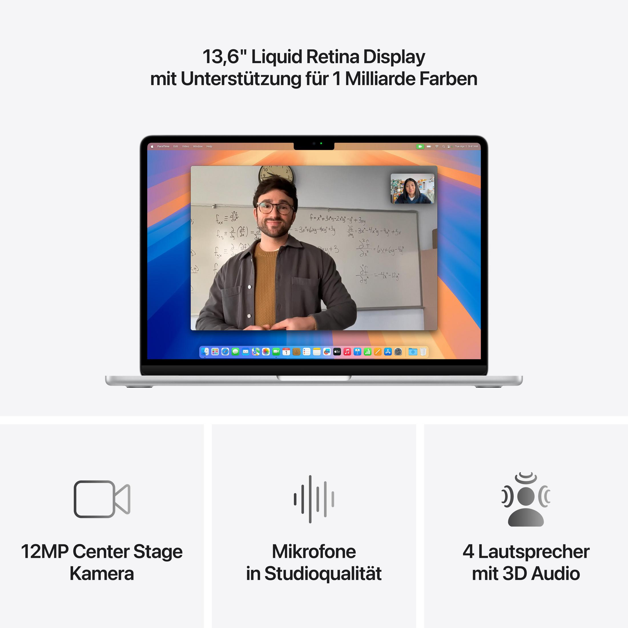 Laptop z połączeniem wideo. Wyświetlacz Liquid Retina 13,6". Białe tło.