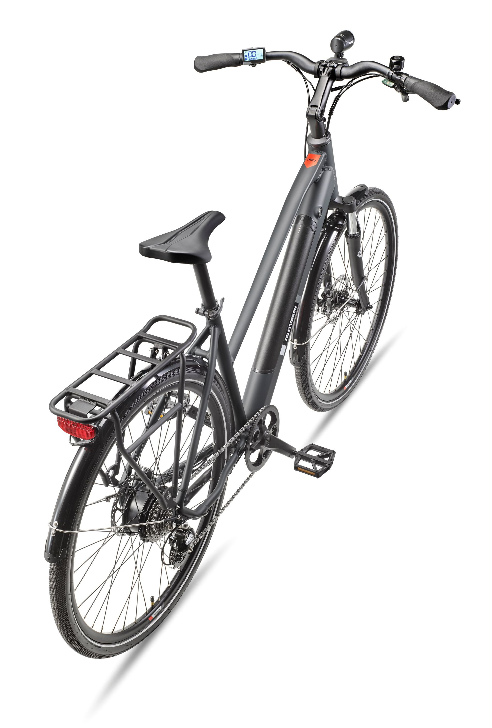 E-Bike von hinten. Telefunken-Branding. Grau und Schwarz. Weißer Hintergrund.