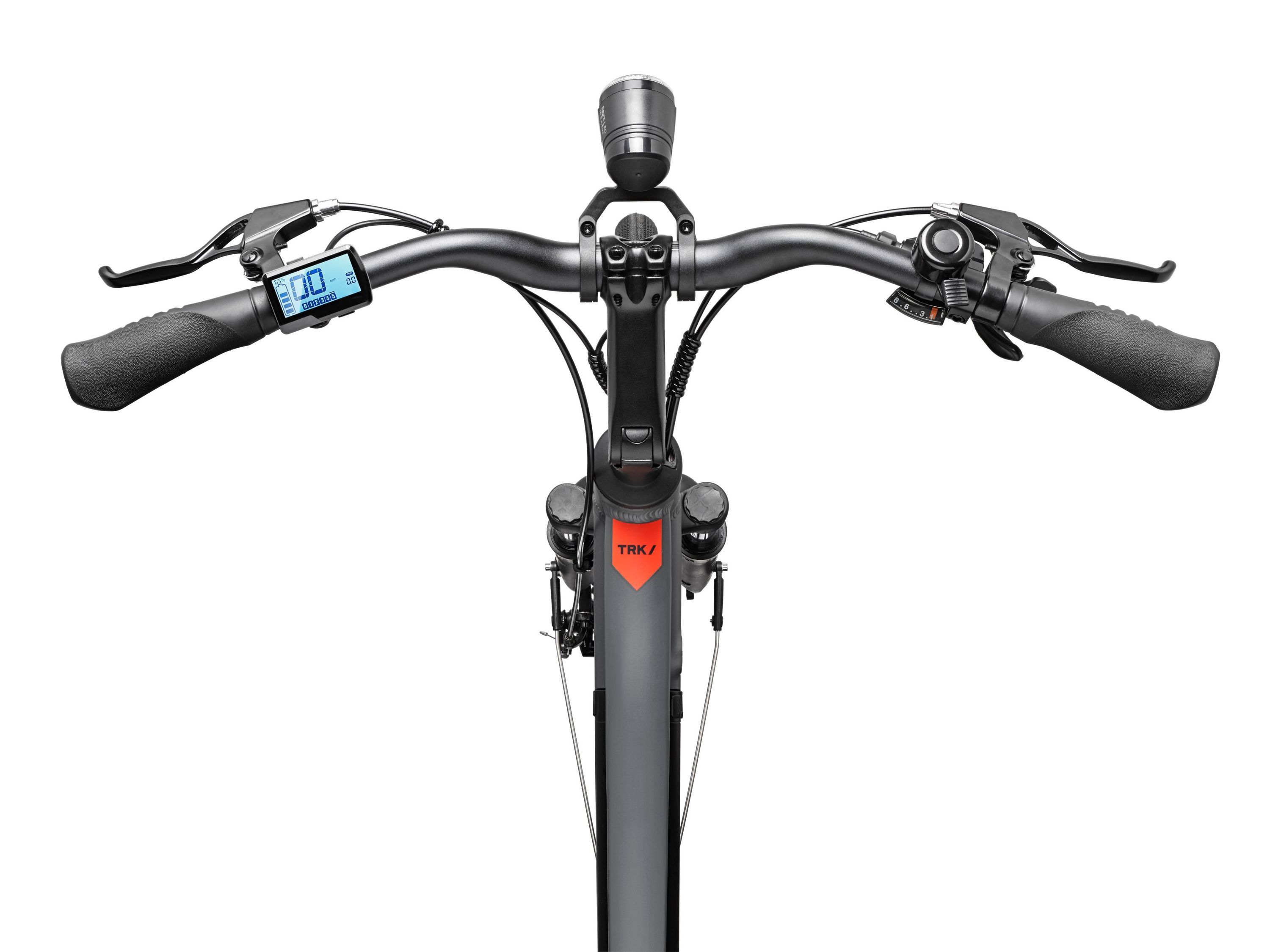 Draufsicht auf Fahrradlenker mit Display und Lichtern. Der Markenname TRK/ ist sichtbar.