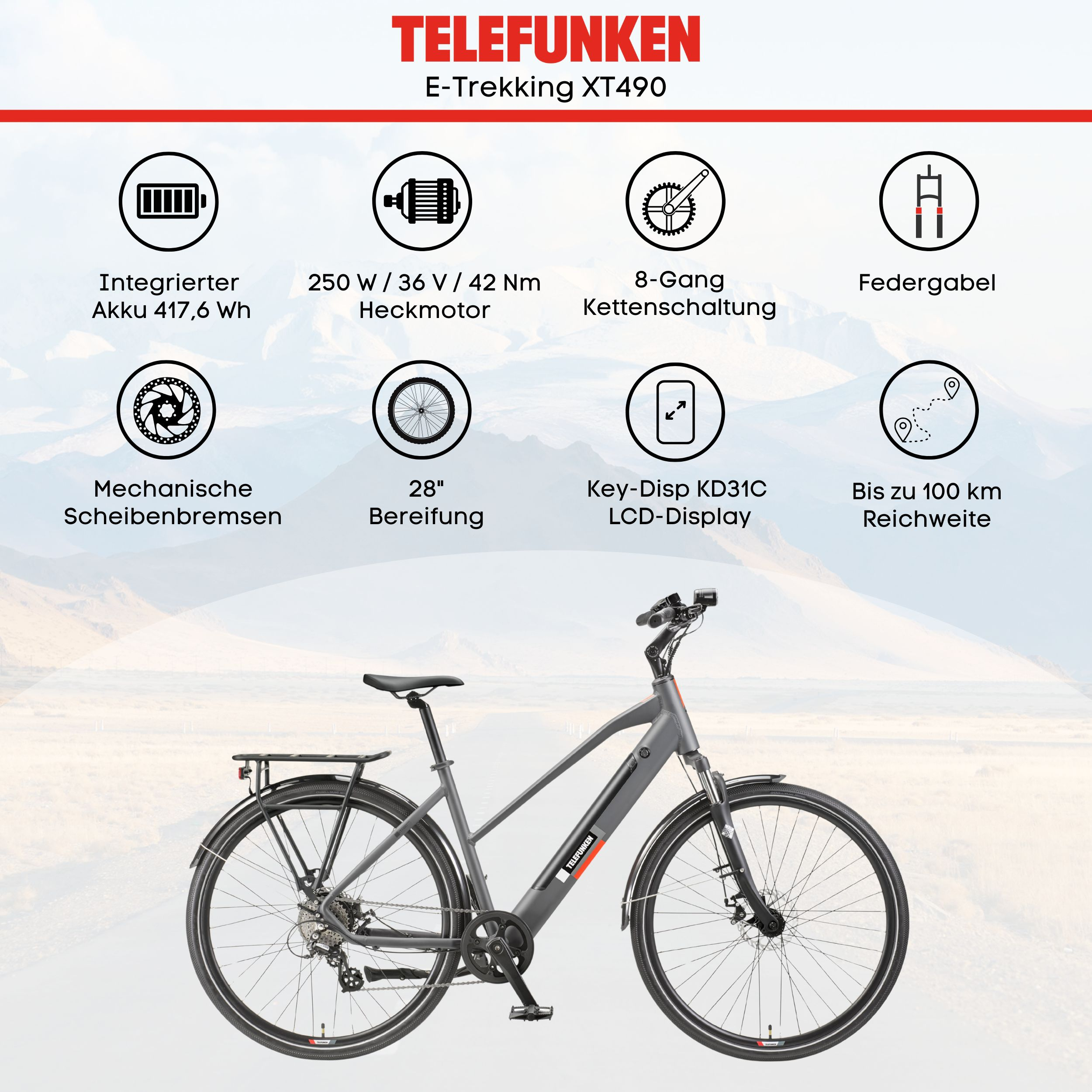 Ein E-Trekking-Bike mit verschiedenen Merkmalen: Batterie, Motor, Gänge, Gabel, Bremsen, Reifen und Display.