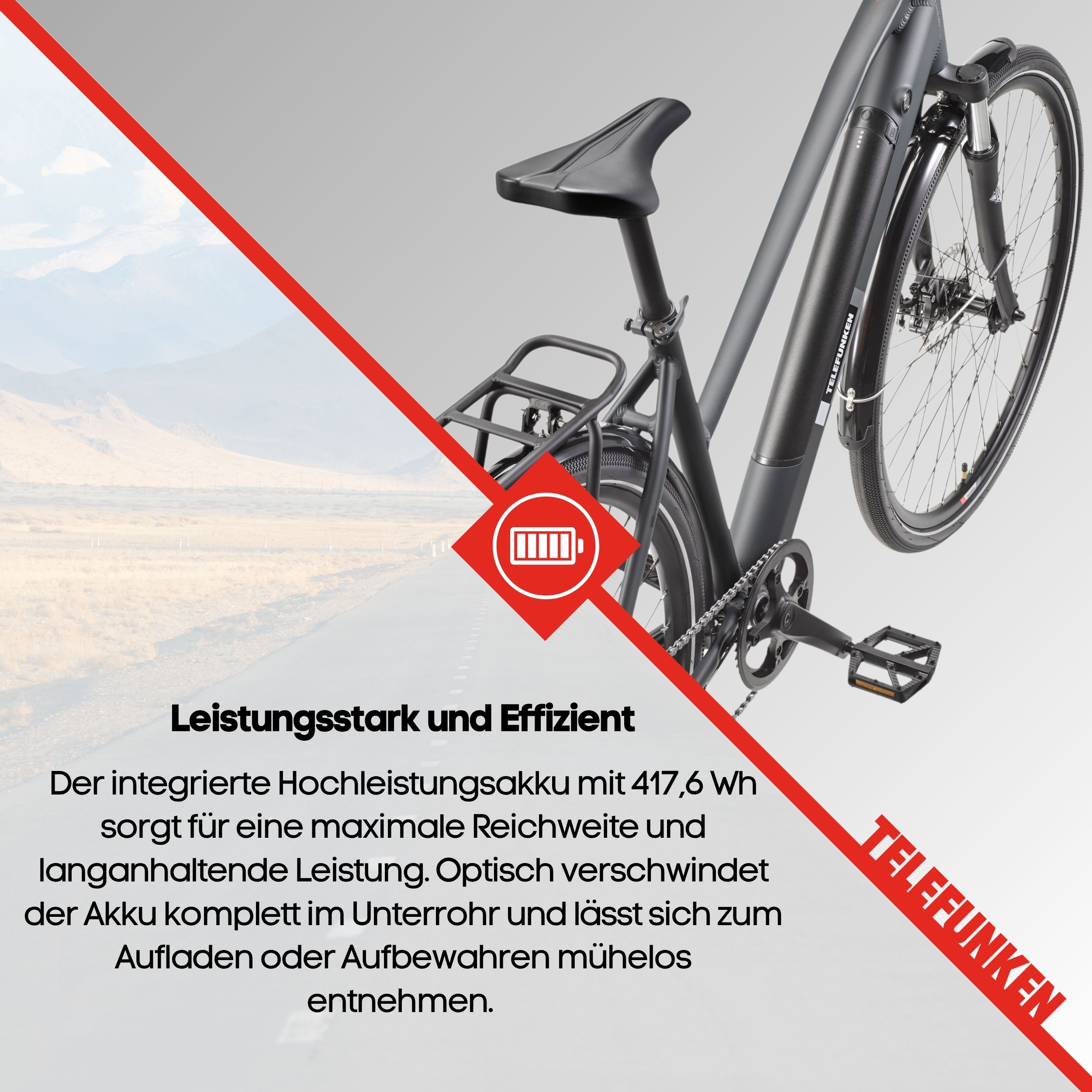 E-Bike Detail mit Akku. Rotes und weißes Telefunken-Logo. Text zeigt Akkuleistung.