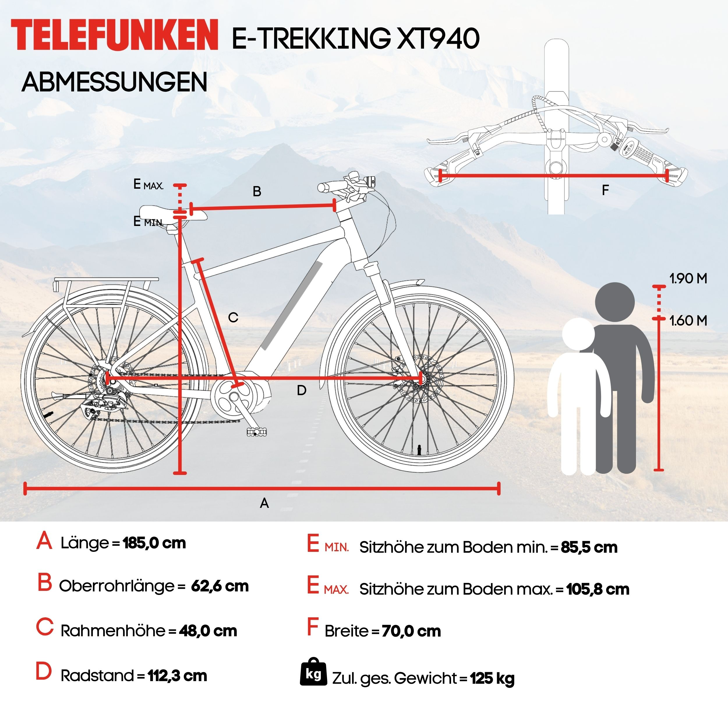 Diagramm eines E-Bikes mit Abmessungen. Text auf Deutsch. Fahrrad ist weiß und schwarz.