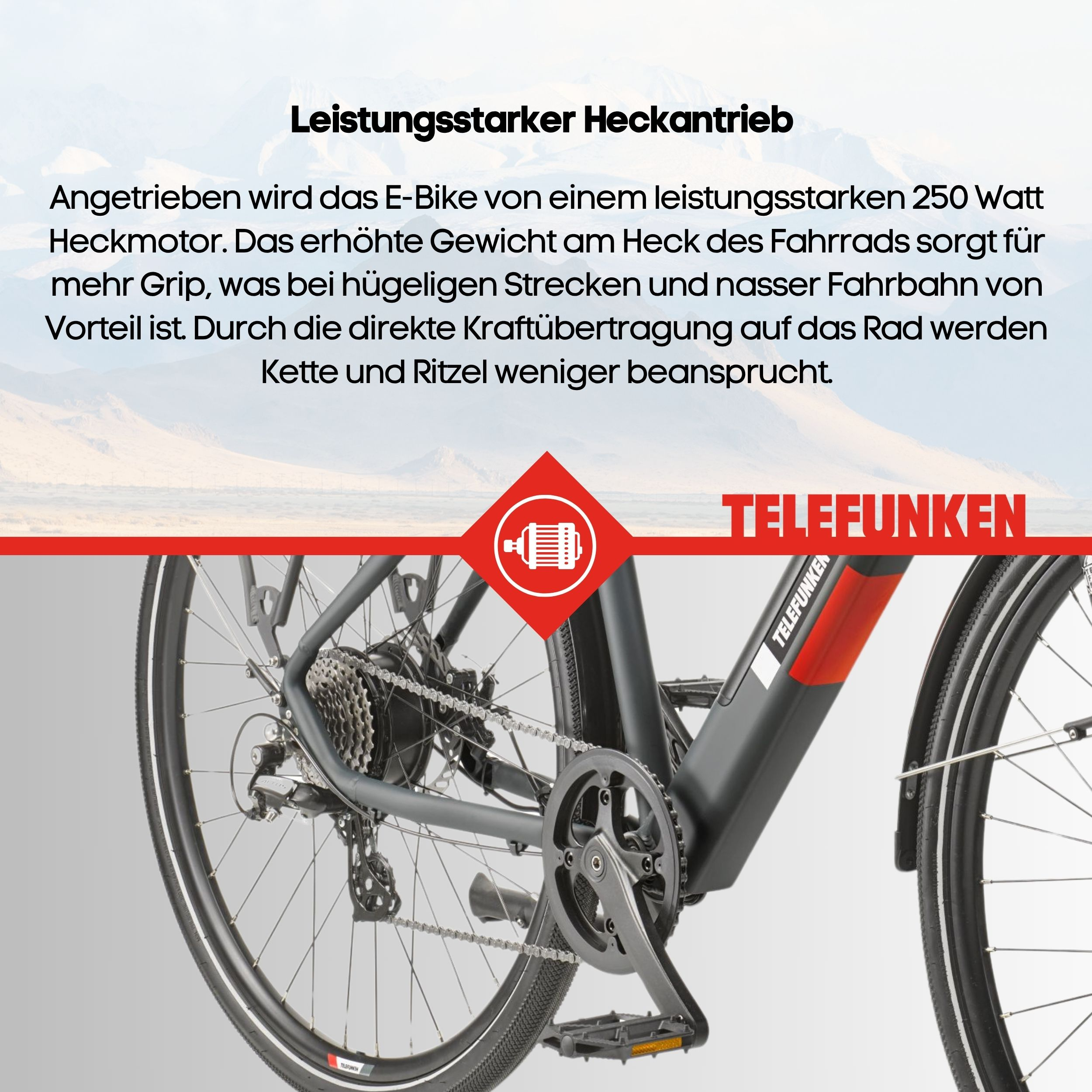 Detail des Hinterrads, der Kette und des Motors eines E-Bikes. Telefunken-Logo sichtbar.