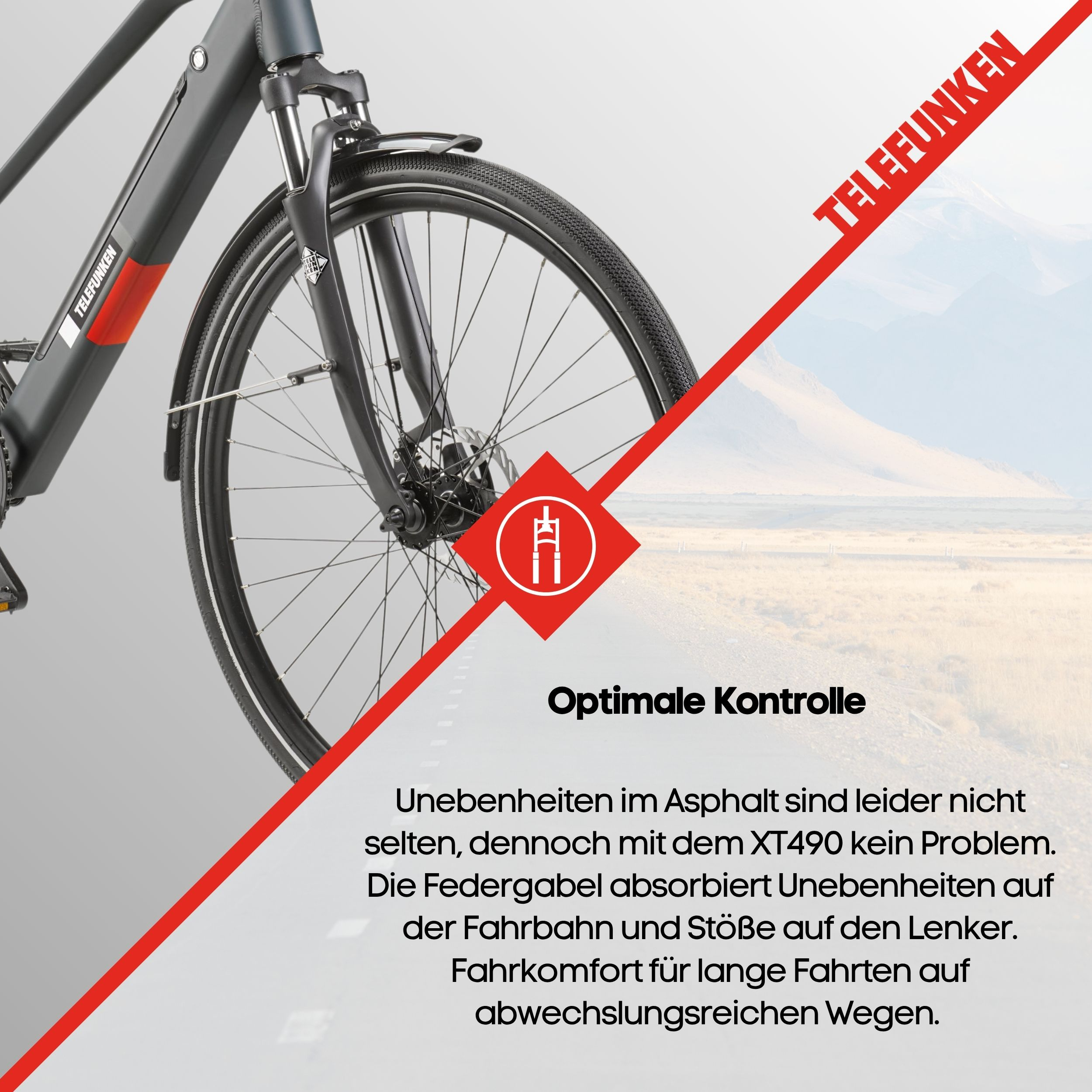 E-Bike-Detail mit Vorderrad, Gabel und Telefunken-Logo. Rotes diagonales Element.