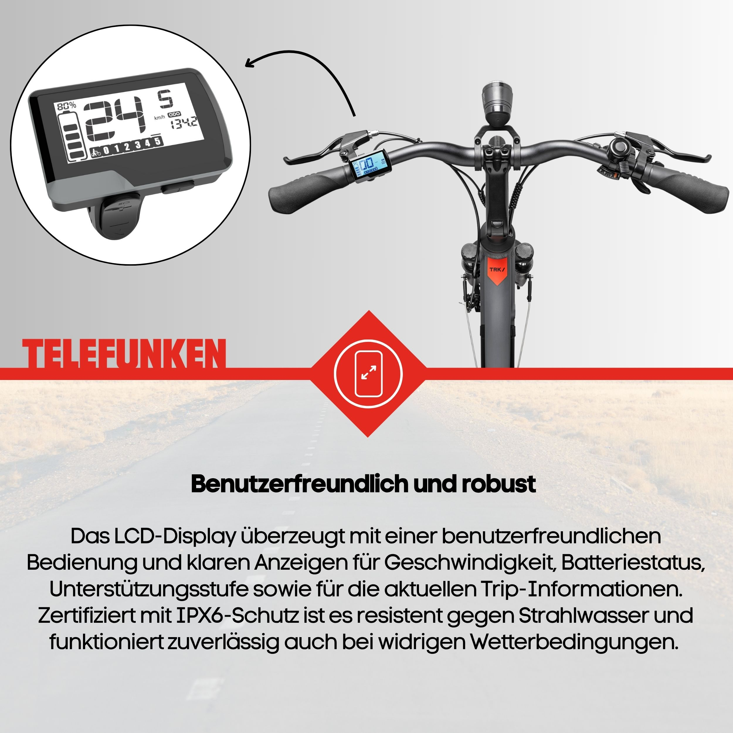 E-Bike-Display mit Geschwindigkeit und Akku. Text über Benutzerfreundlichkeit.