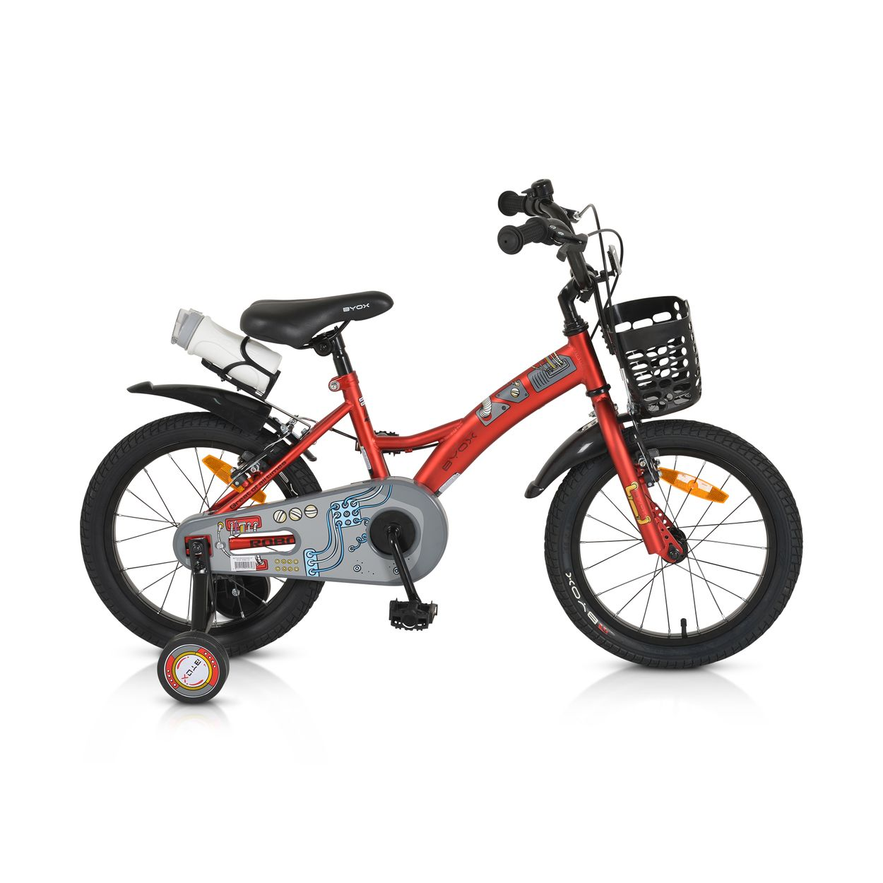 Una bicicleta roja para niños con ruedines y una cesta. La marca es BYOX.