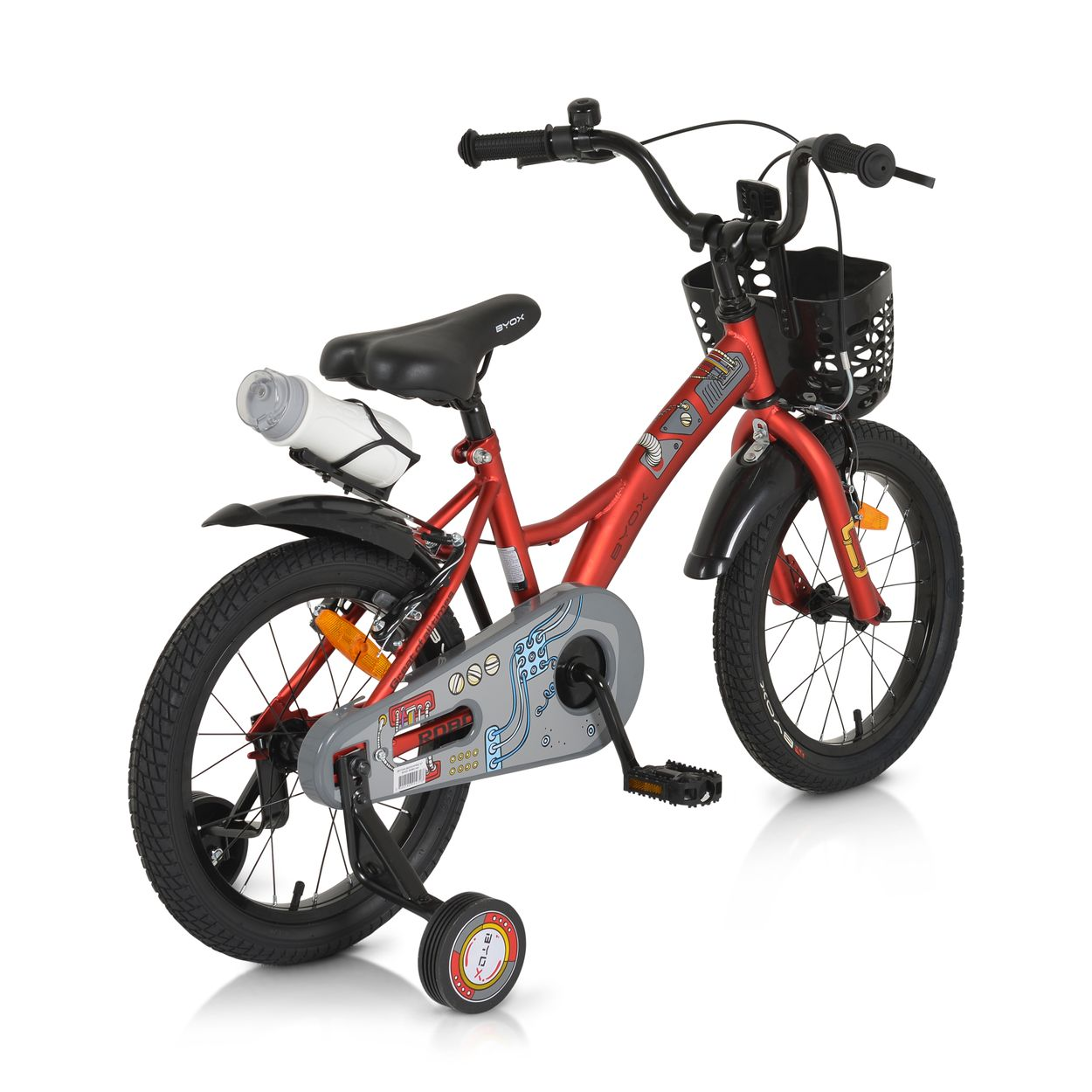 Una bicicleta roja para niños vista desde atrás. Incluye ruedines y portabotellas.
