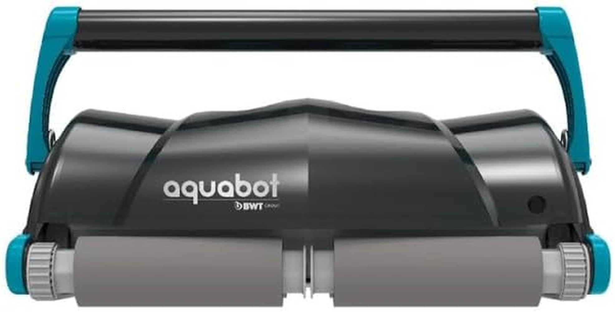Limpiador de piscina negro y turquesa con asa y rodillos. Marca aquabot.
