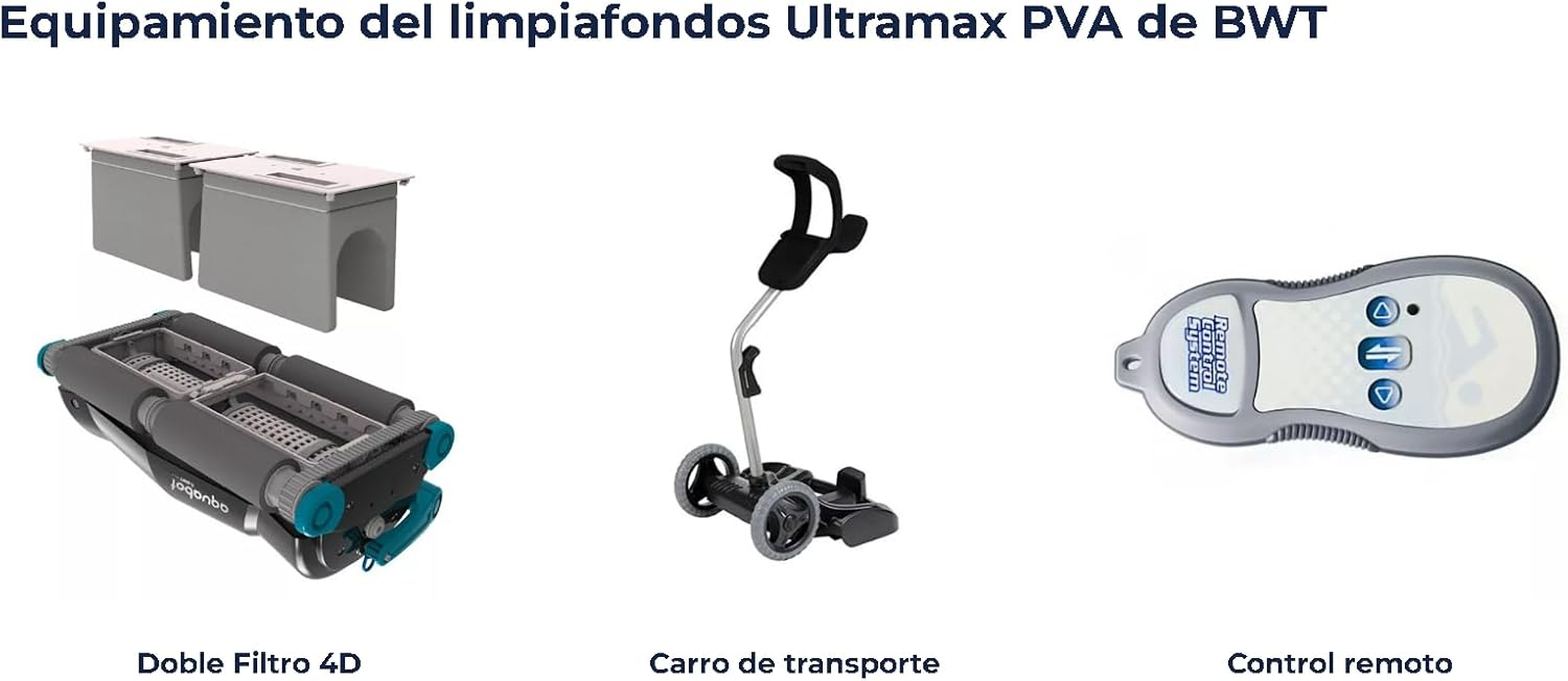 La imagen muestra equipos de limpieza de piscinas, incluyendo un filtro doble, un carro de transporte y un control remoto.