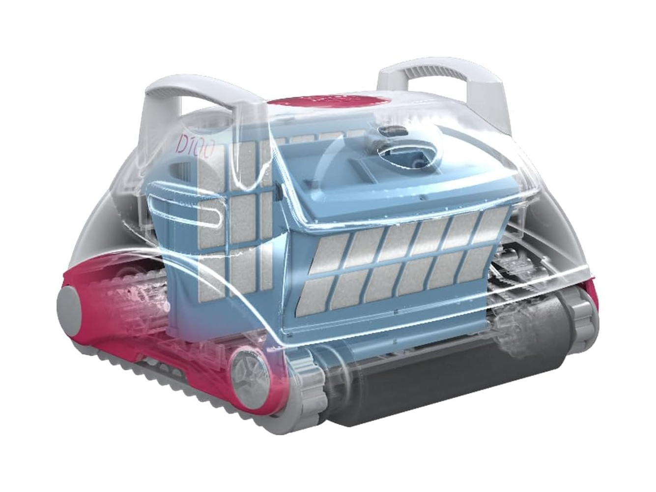 Limpiador de piscina transparente con componentes internos visibles. Tiene detalles rosas y azules y orugas.