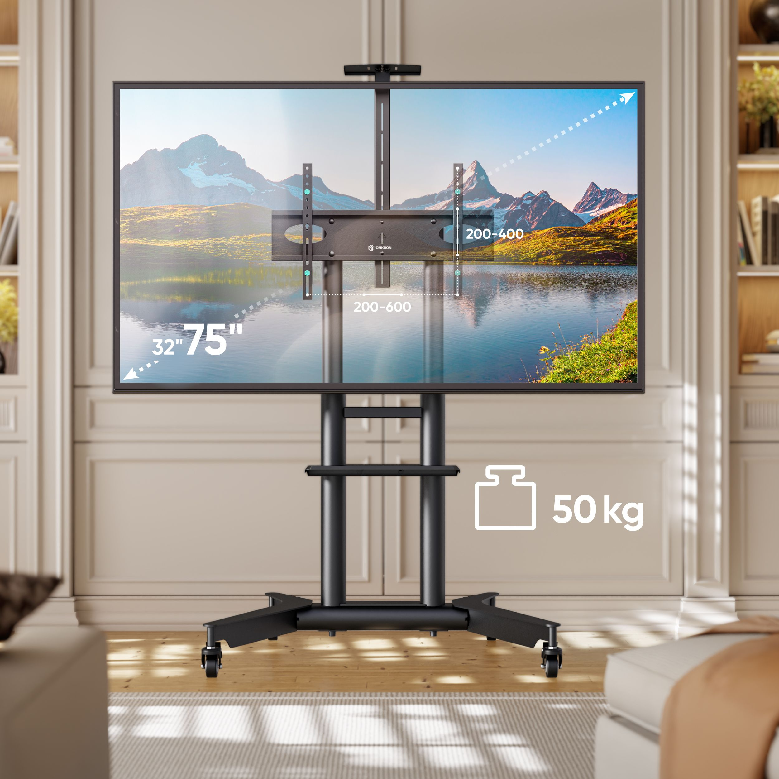 Stojak pod telewizor z dużym telewizorem wyświetlającym scenę z jeziorem. Tekst brzmi "32"-75"" i nośność "50 kg".