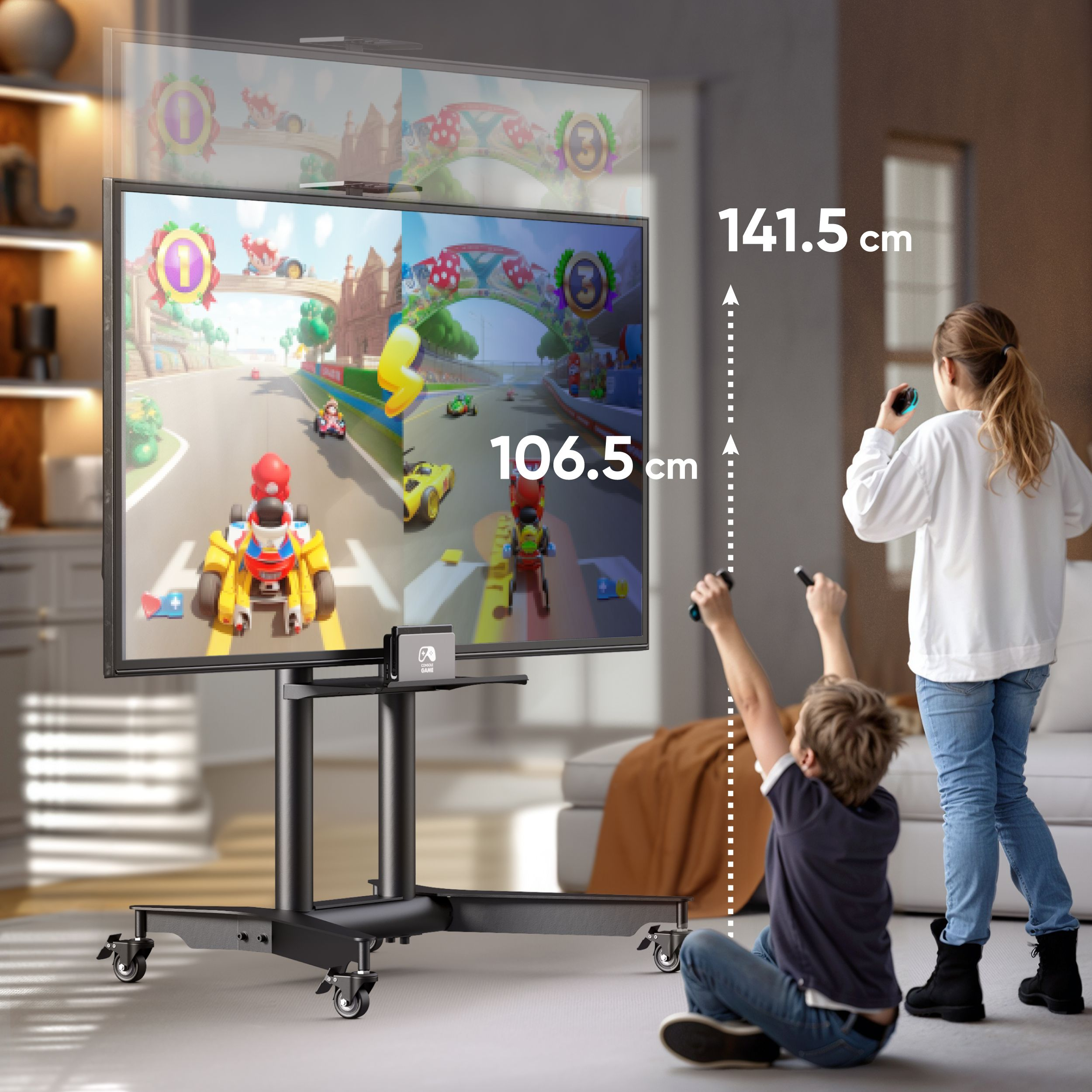 Dwoje dzieci grających w grę wideo w telewizji ze stojakiem pod telewizor. Telewizor pokazuje grę wyścigową.