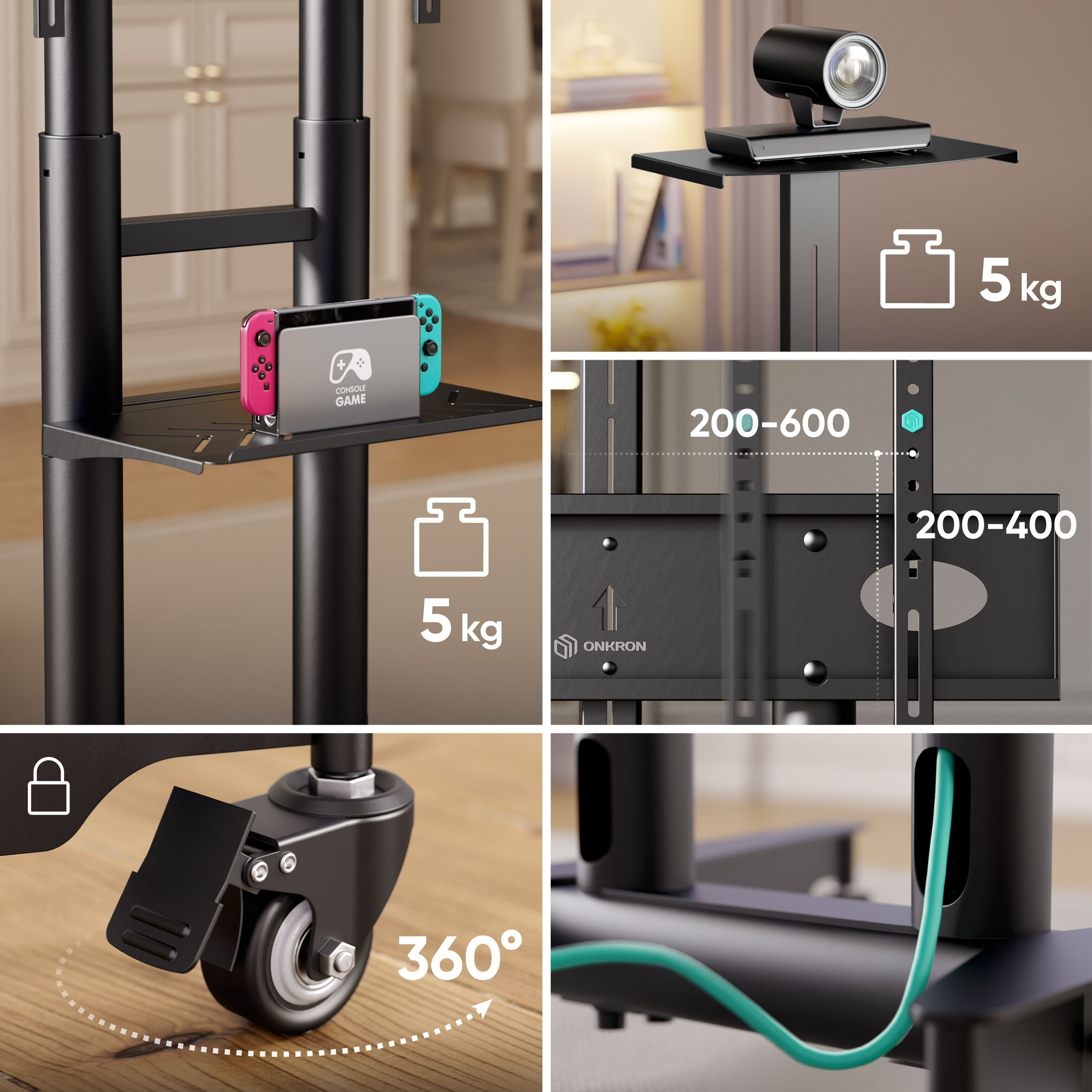 Kolaż zdjęć przedstawiający stojak pod telewizor z telewizorem, półkę z konsolą Nintendo Switch i inne funkcje.