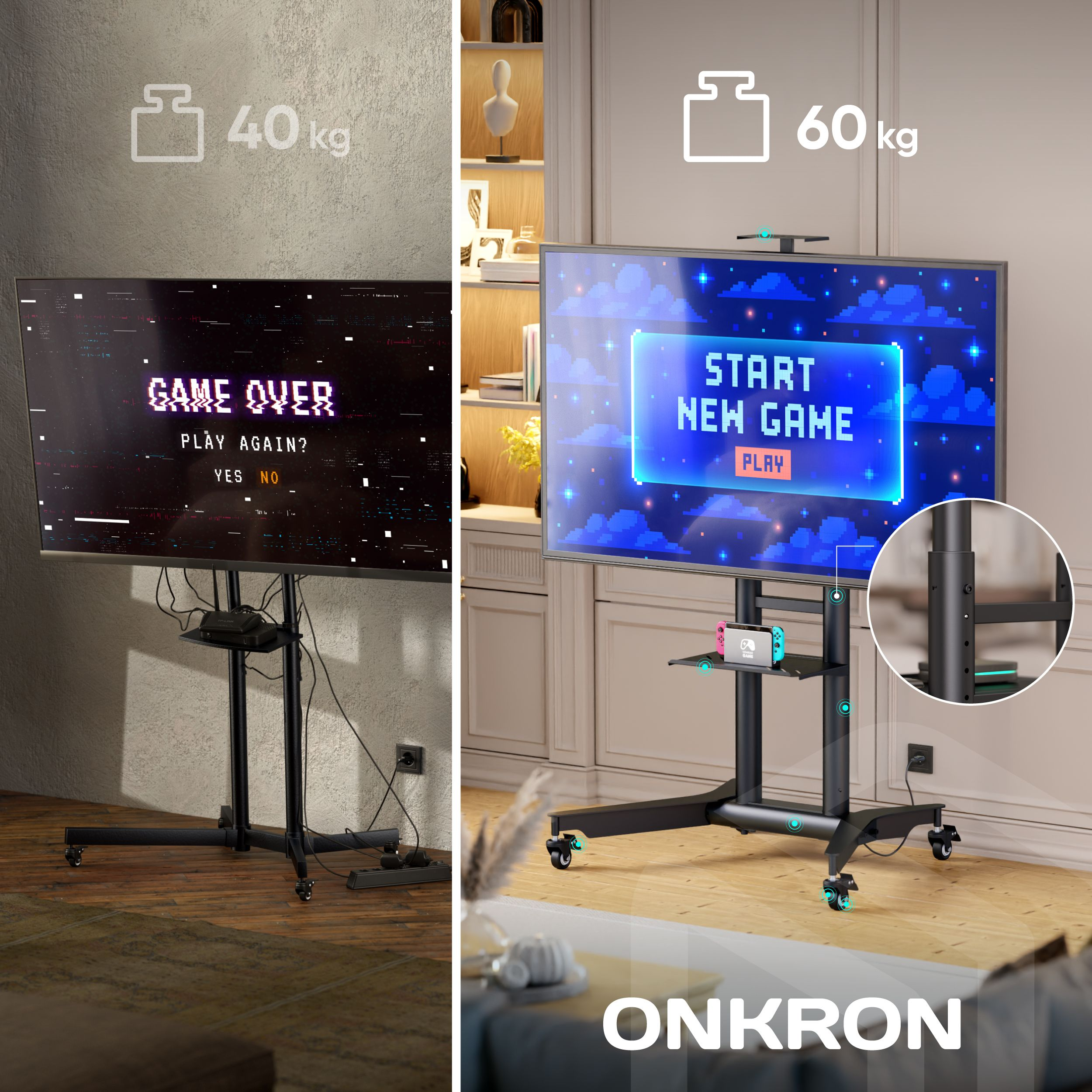 Dwa telewizory na stojakach, jeden z 'Game Over', drugi z 'Start New Game'. Nintendo Switch na półce. Symbole wagi.