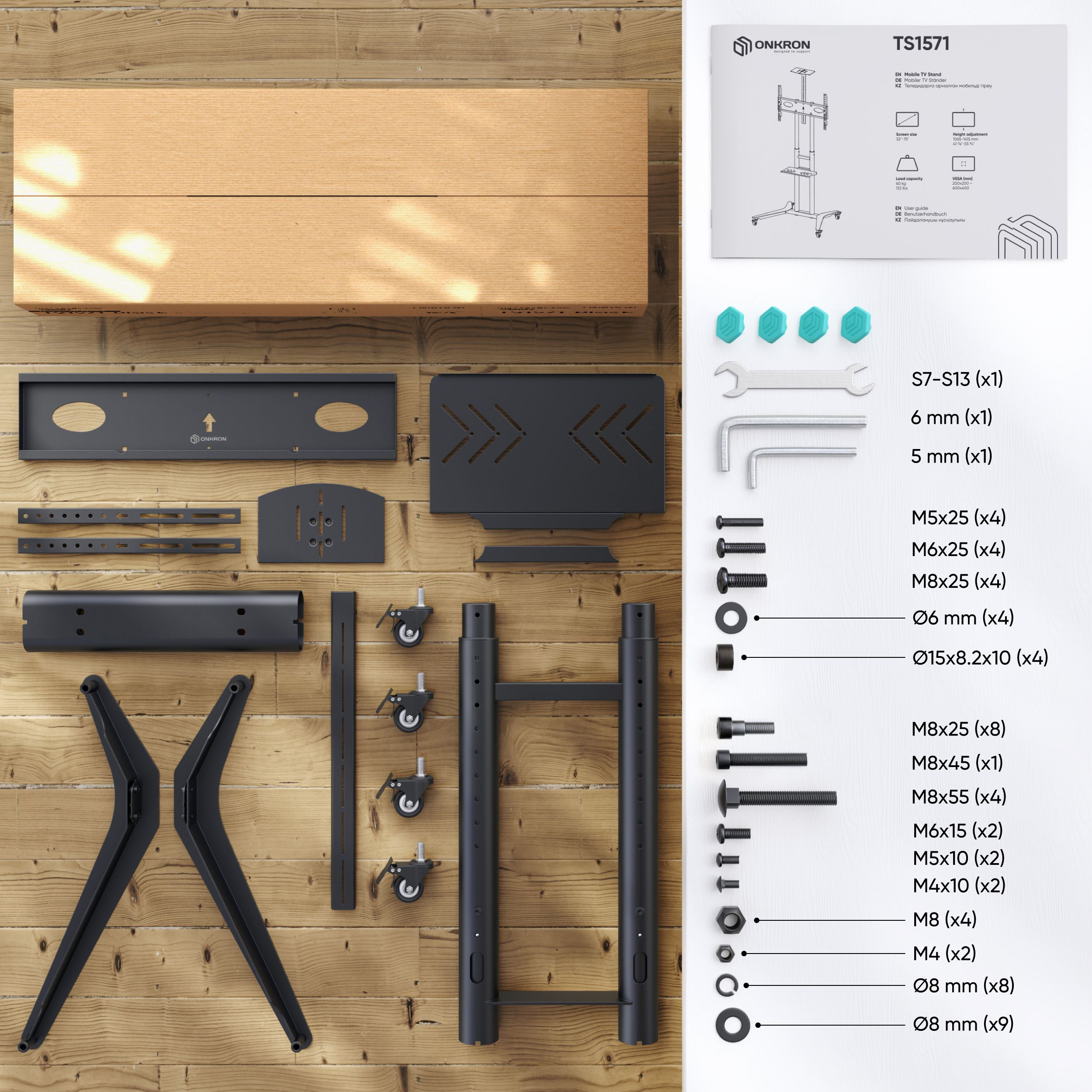 Widok z góry na elementy i narzędzia stojaka TV. Zawiera śruby, śruby, nakrętki, klucze imbusowe i części stojaka, z pudełkiem u góry.