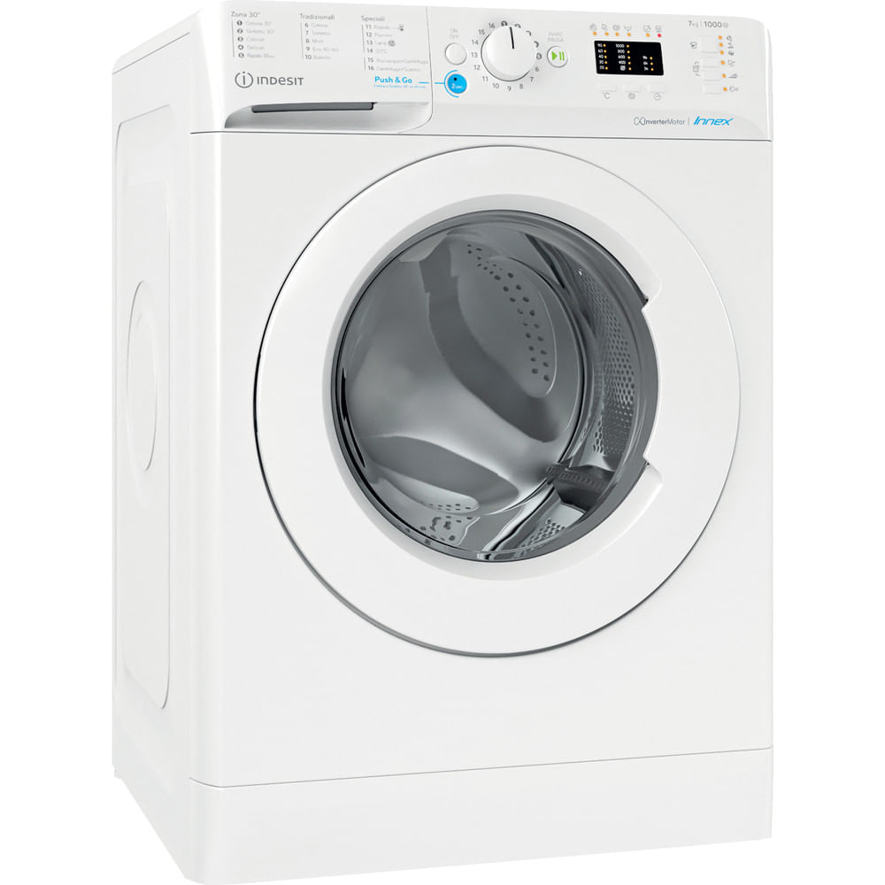 Lavatrice Indesit bianca, vista frontale. Con porta rotonda, pannello comandi e logo.