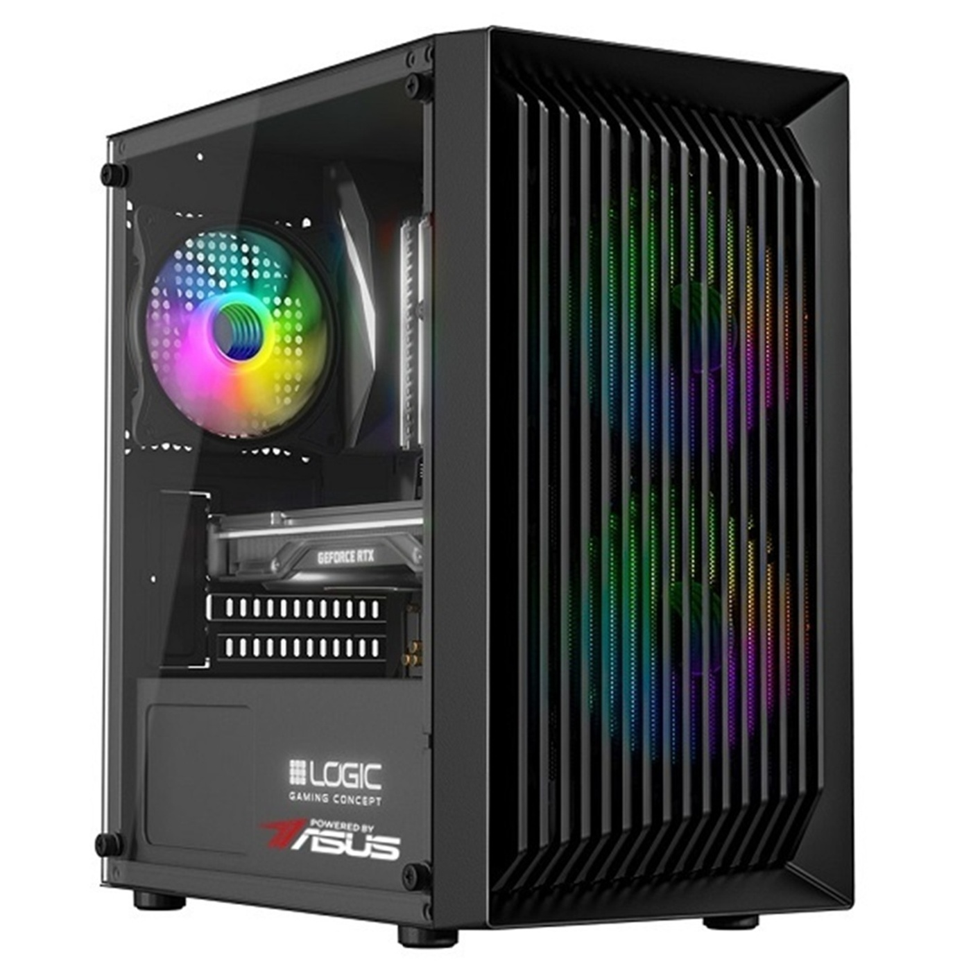 Case per computer nero con ventole RGB e lato in vetro. Interno con componenti.