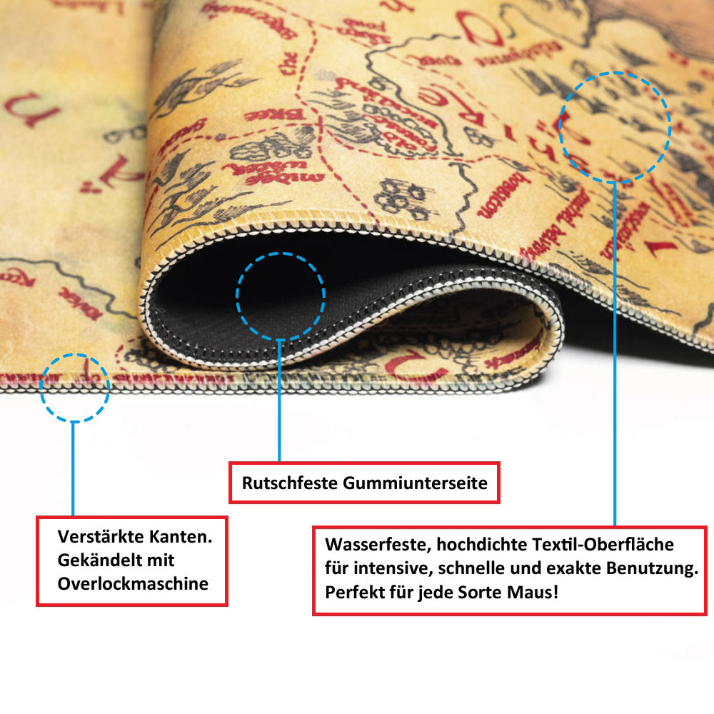 Nahaufnahme eines aufgerollten Mittelerde-Karten-Mousepads. Zeigt Kanten, rutschfeste Basis und wasserfeste Oberfläche.