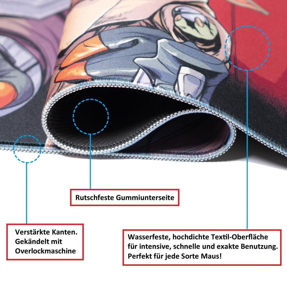 Aufgerolltes Mauspad-Nahaufnahme, mit deutschem Text und detaillierter Ansicht der Kante.