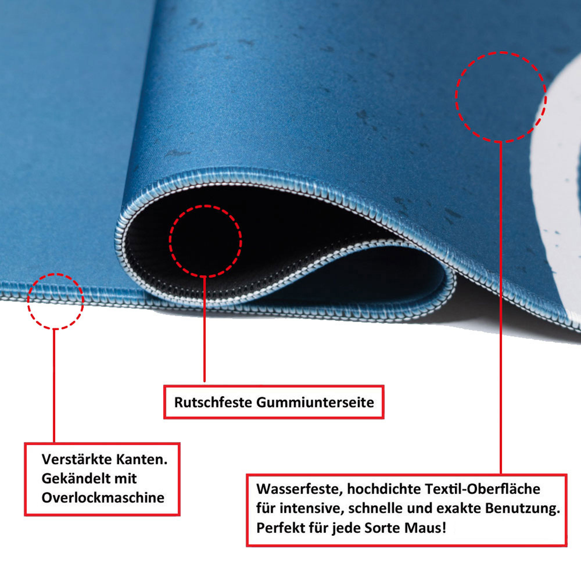 Nahaufnahme eines blauen Mousepads mit genähter Kante, rutschfester Unterseite und wasserabweisender Oberfläche.