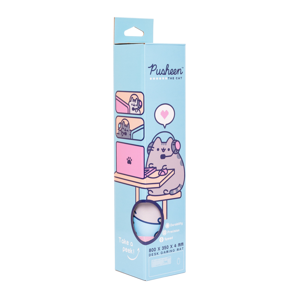 Eine hellblaue Pusheen-Schreibtisch-Gaming-Mattenbox mit Cartoon-Bildern der Katze Pusheen. Weißer Hintergrund.