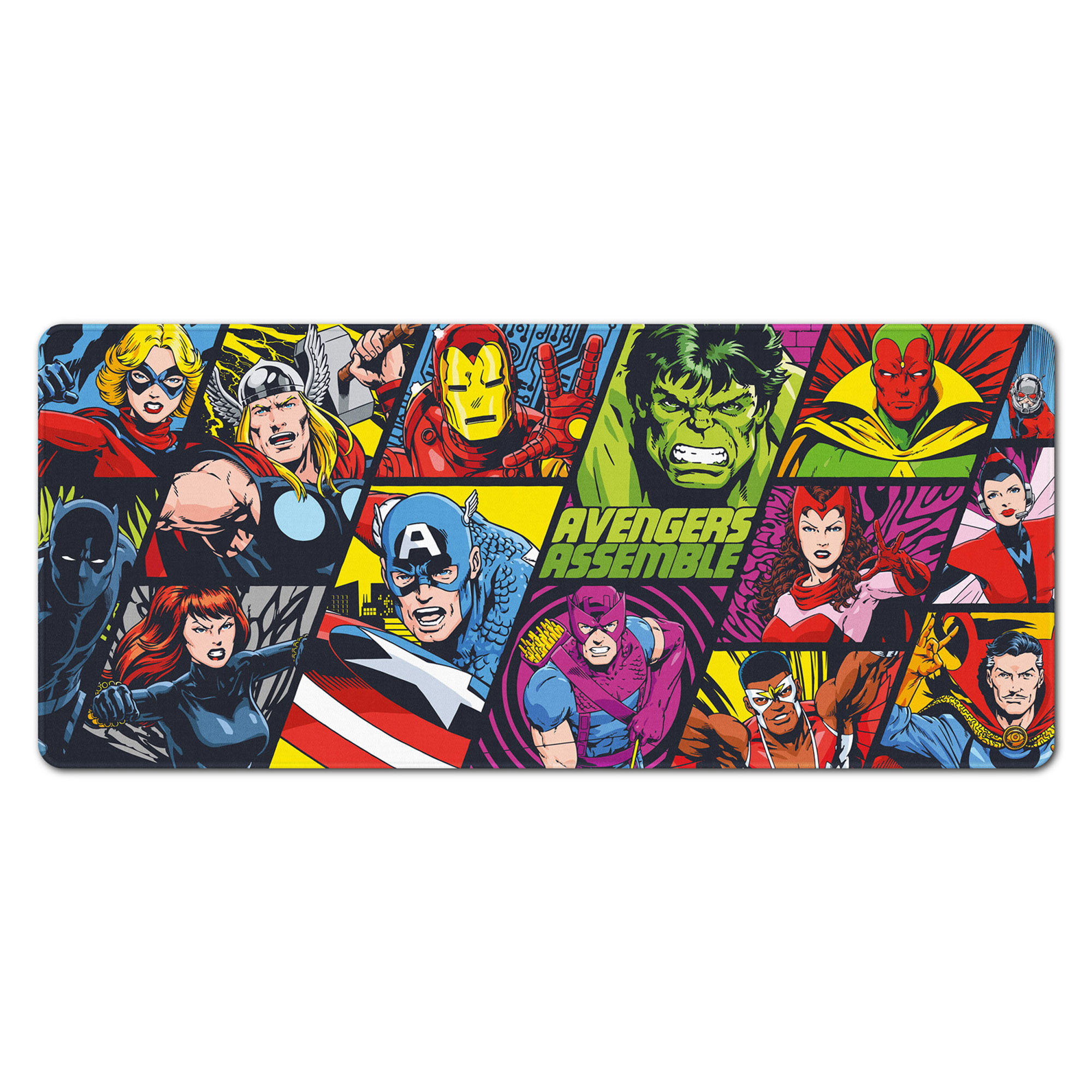 Eine rechteckige Matte mit verschiedenen Avengers-Comicfiguren, darunter Captain America und Iron Man.
