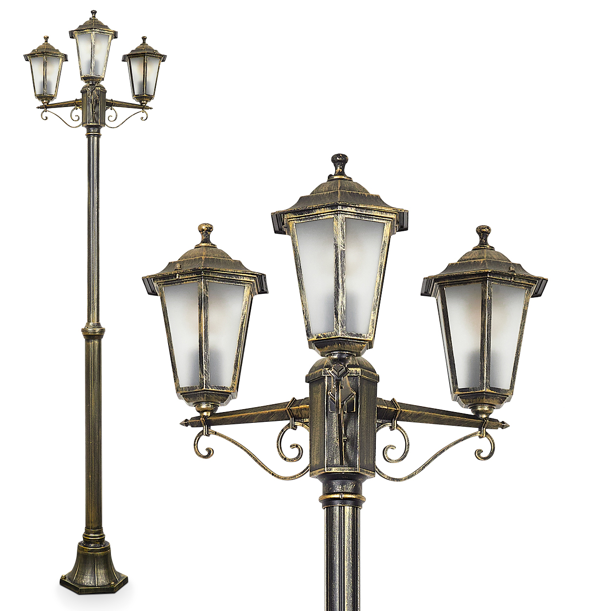 Eine hohe Straßenlaterne im antiken Stil mit drei Lichtern, mit aufwendigen, gealterten Gold- und Grüntönen.