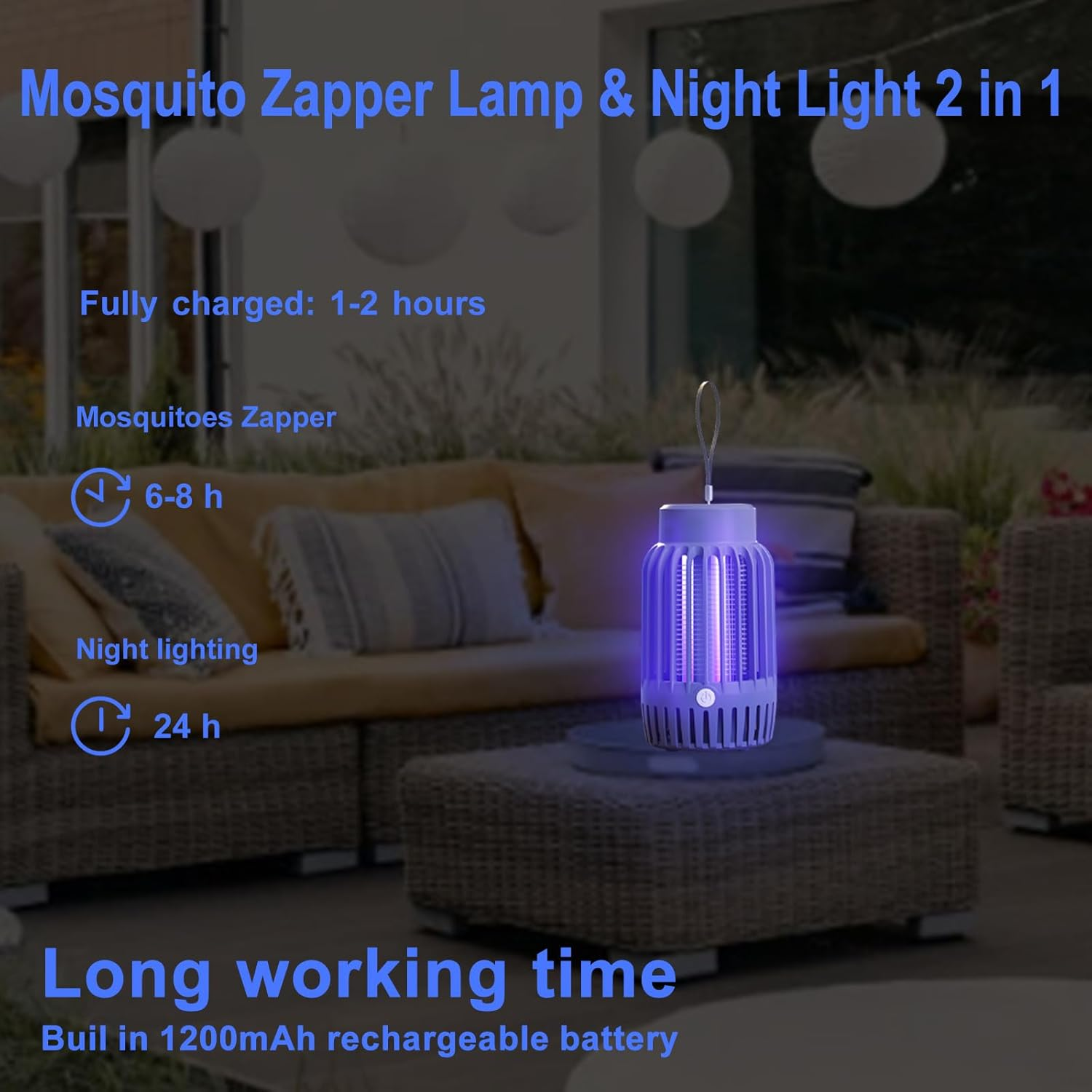 Eine Moskitos zapper Lampe und Nachtlicht, mit einem Akku. Zeigt Arbeitszeit und Ladezeit.