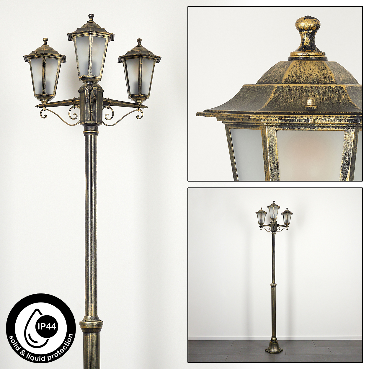 Eine dreiköpfige Straßenlaterne mit Gold- und Schwarzdetails. IP44-Schutz ist angegeben.