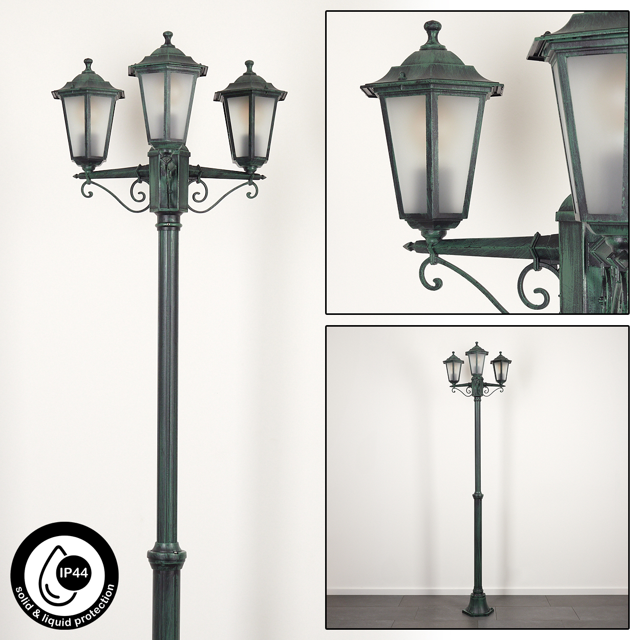 Ein grüner Dreilampenpfahl mit Details der Lampen und einem Schutzetikett.