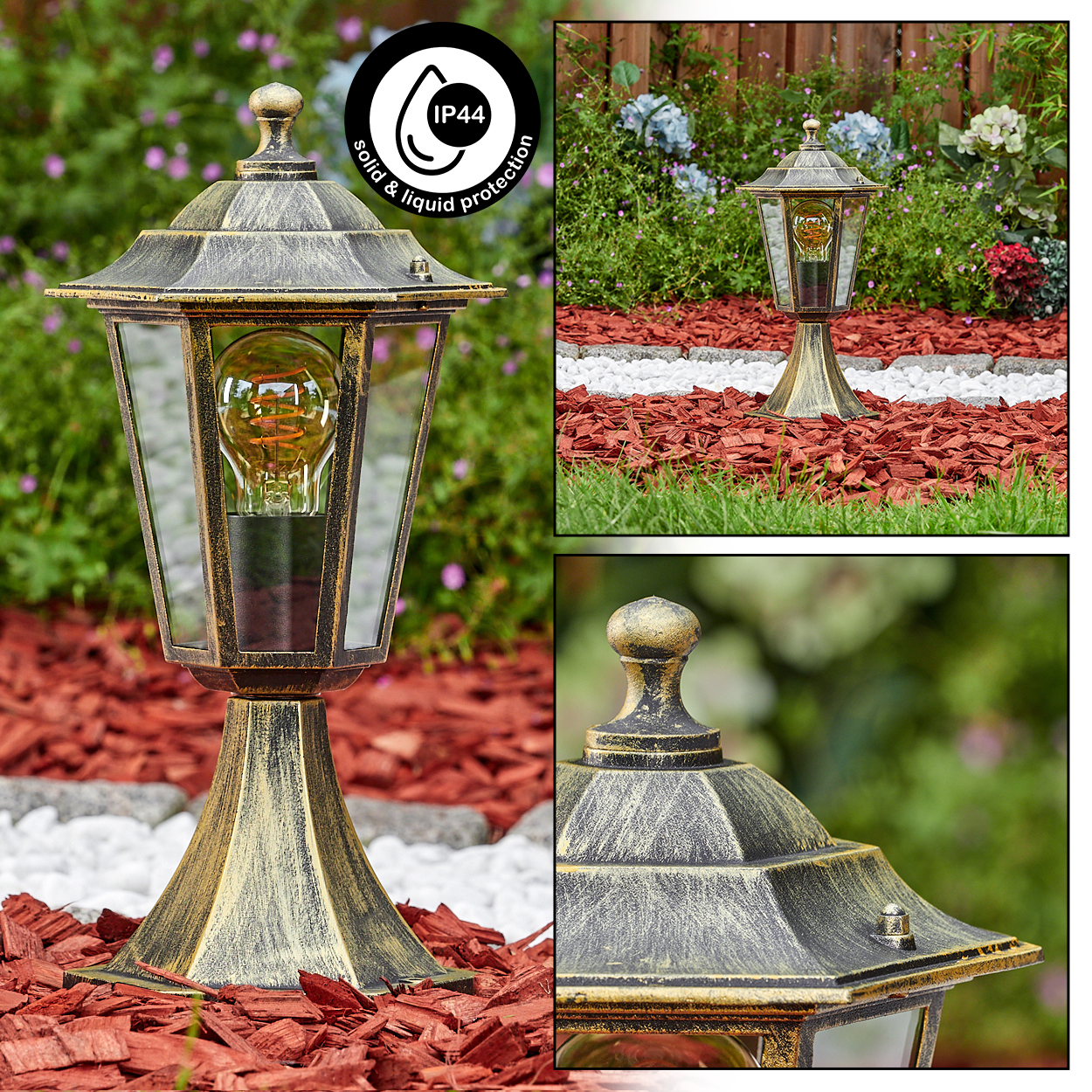 Goldener Laternenpfahl in einem Garten mit roter Mulch, mit Details der Lampe und des Gartens.