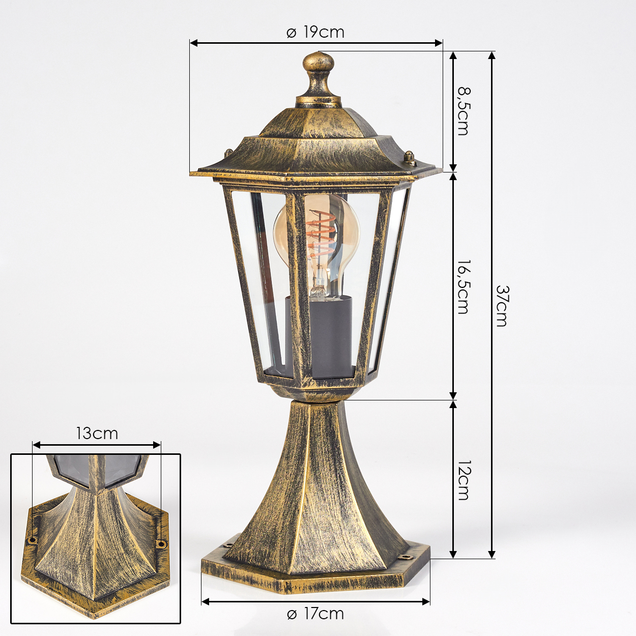 Eine bronzefarbene Lampe mit Abmessungen vor weißem Hintergrund, die ihr Design und ihre Größenangaben zeigt.