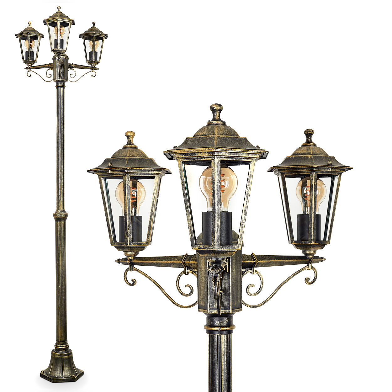 Eine hohe Straßenlaterne mit drei Lichtern, Gold und Schwarz. Die Lampe hat ein dekoratives Design.