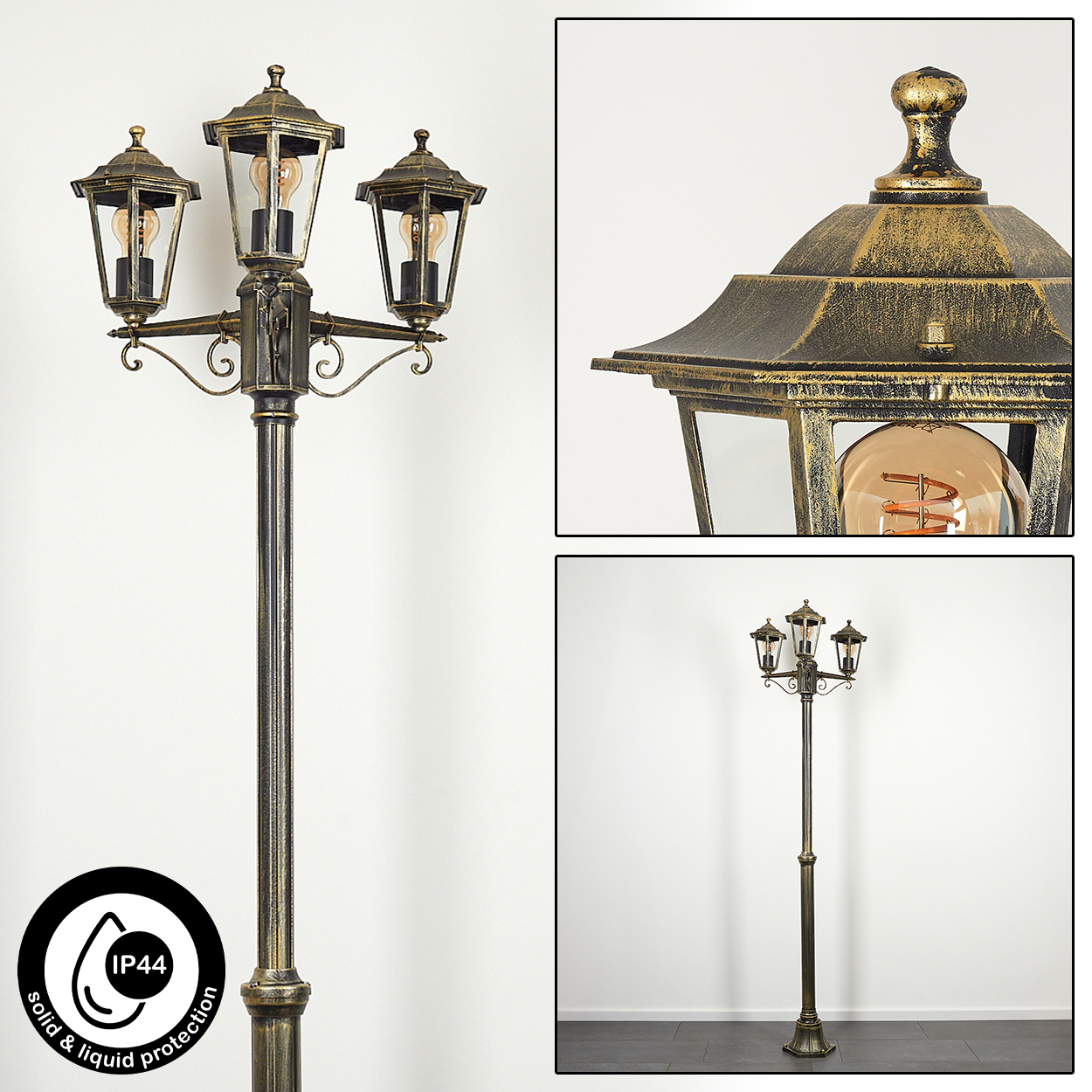Dreilampen-Pfostenleuchte mit Schwarz-Gold-Finish. Schutzart IP44. Details der Lampe sind abgebildet.