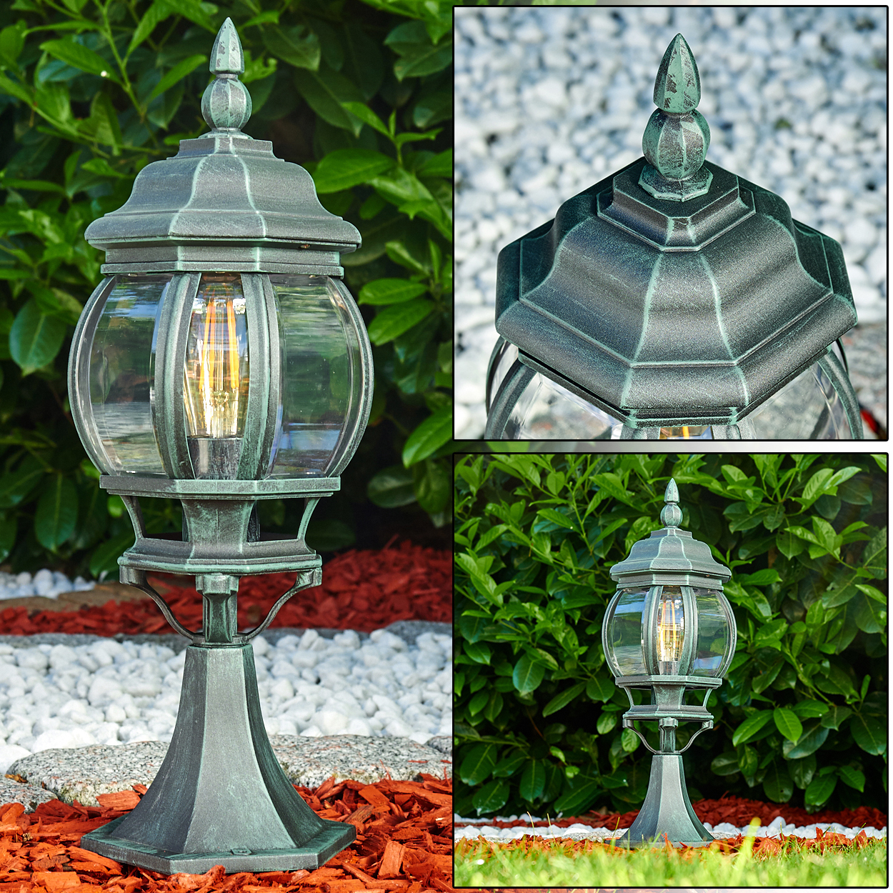 Eine Außenlampe mit grüner Oberfläche in einem Garten mit grünen Pflanzen und roter Mulch.