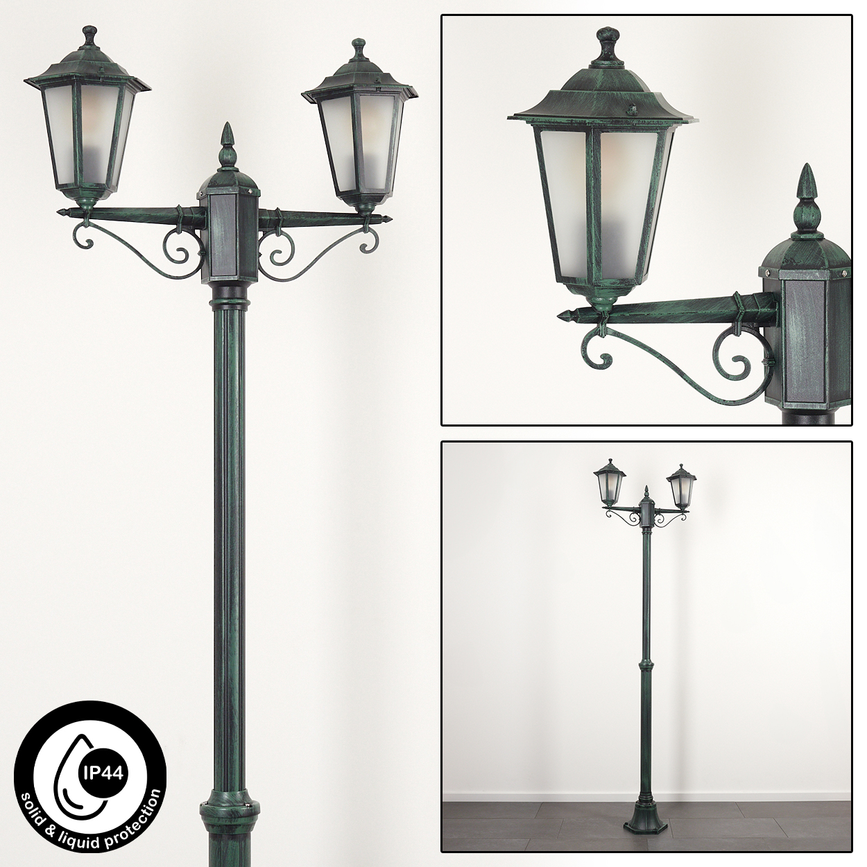 Eine dreifache Außenlampe mit grünem Finish und IP44-Bewertung vor weißem Hintergrund.