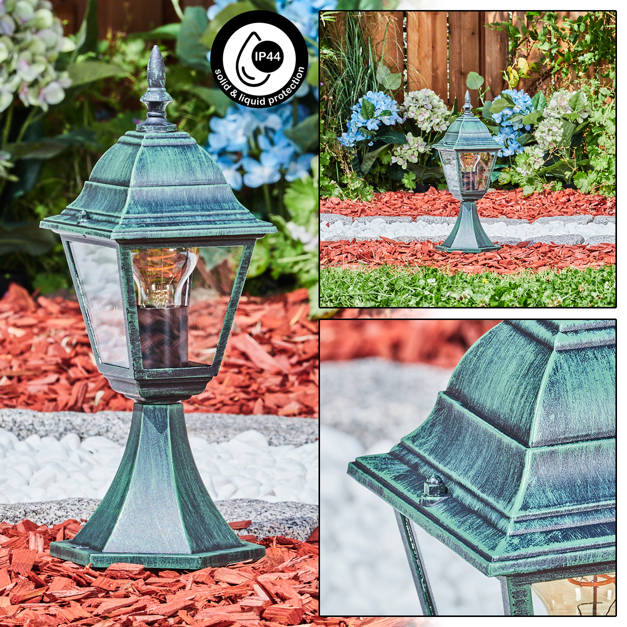 Drei Bilder einer grün-schwarzen Lampe. Enthält Text: IP44 Schutz. Hintergrund: Mulch und Blumen.