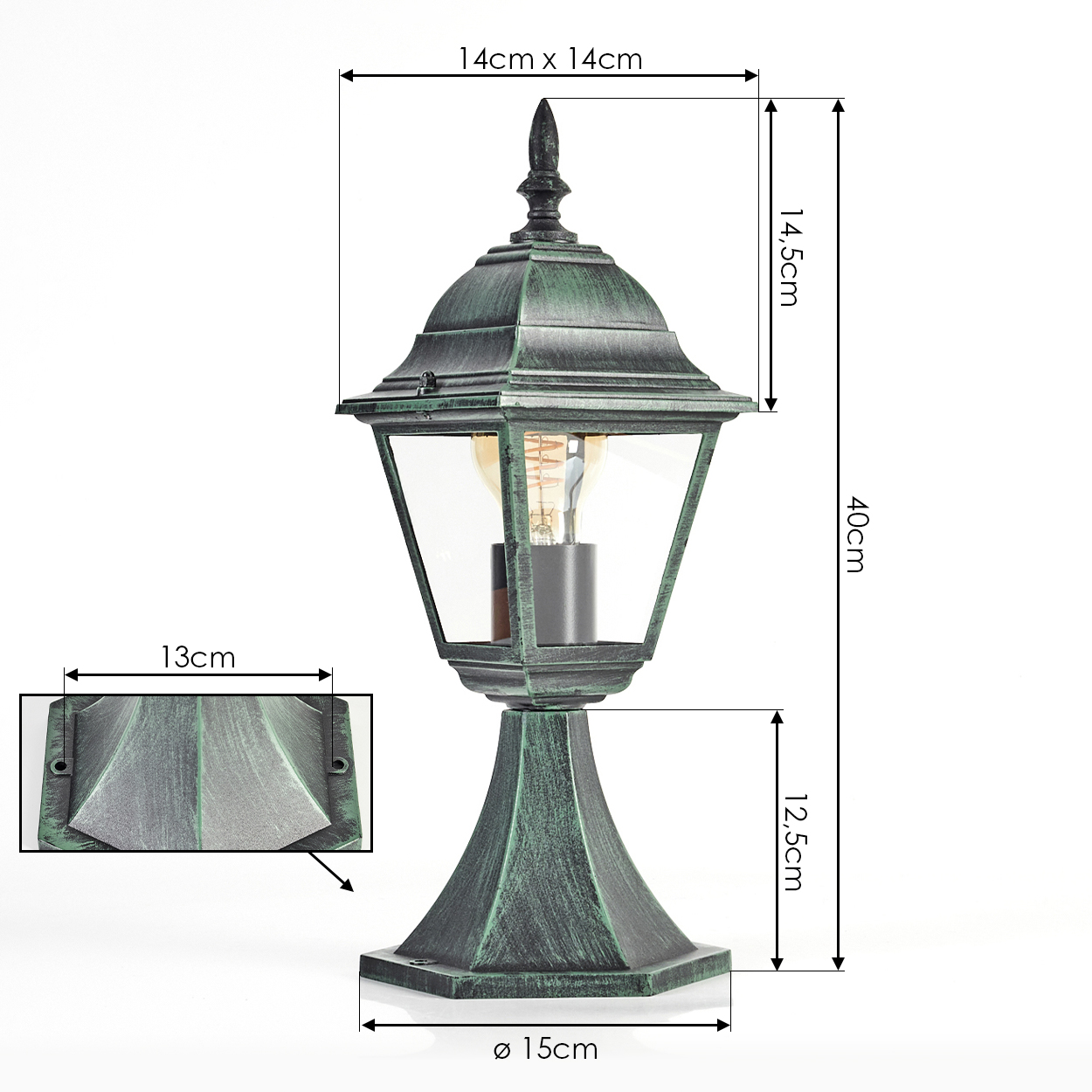 Diagramm einer grünen Lampe mit Abmessungen in Zentimetern. Hellgrüner und weißer Hintergrund.