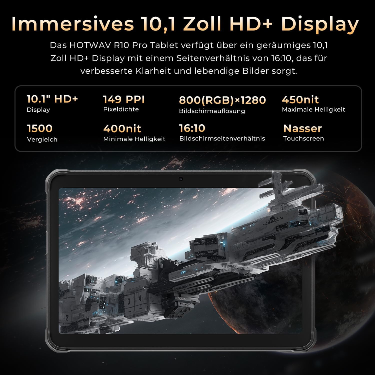 Schermo del tablet con un'astronave. Testo: 10.1" HD+, 10.1" Display, 1500 Confronto, 149 PPI densità.
