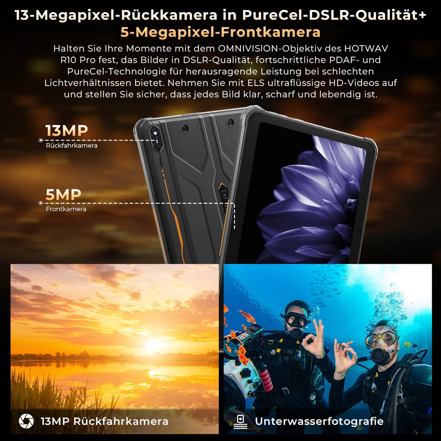 Tablet con immagini: subacquea e tramonto. Testo: 13MP, 5MP, 13MP Rückkamera, Unterwasserfotografie.