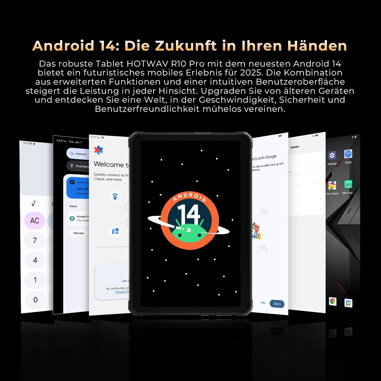 Un tablet nero con Android 14 sullo schermo, circondato da altri schermi che mostrano interfacce di app.