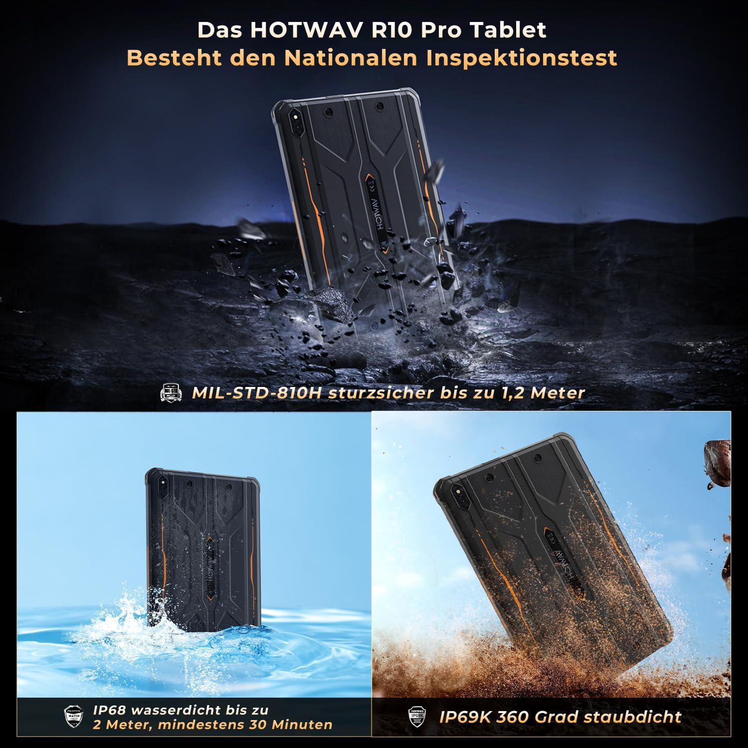 Un tablet nero in fase di test. L'acqua e la polvere mostrano l'effetto sul dispositivo.