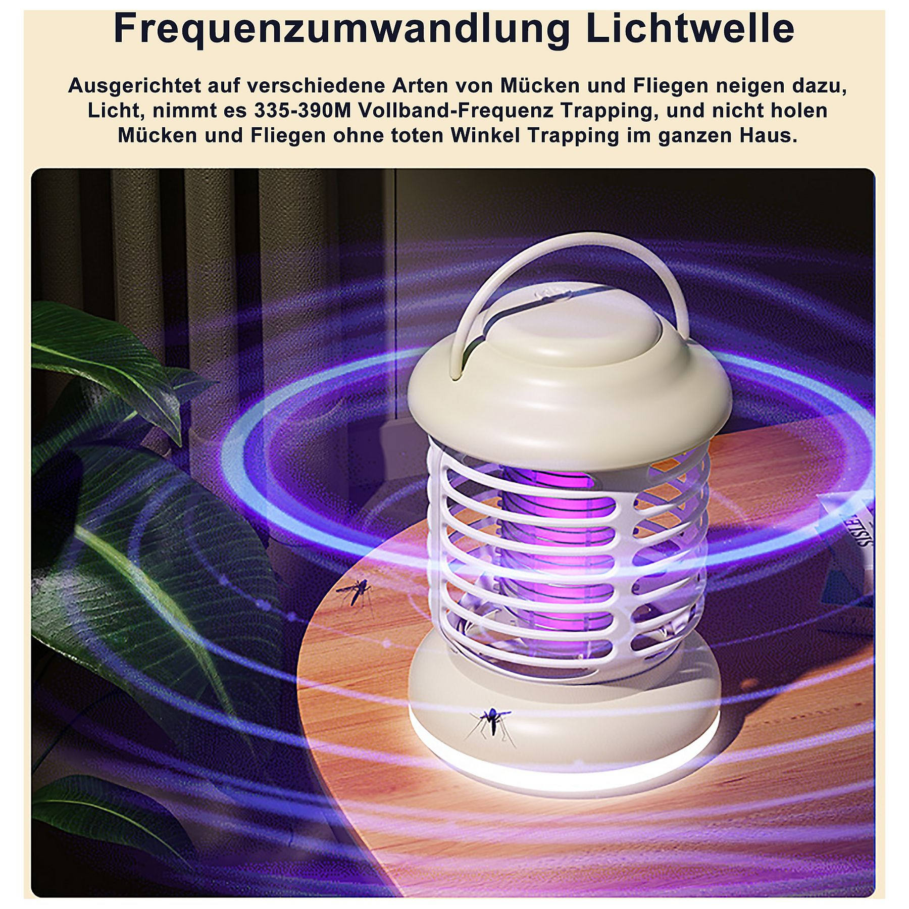 Ein weißer Insektenvernichter steht auf einem Holztisch. Ein violettes Licht zieht Insekten an. Pflanzen im Hintergrund.
