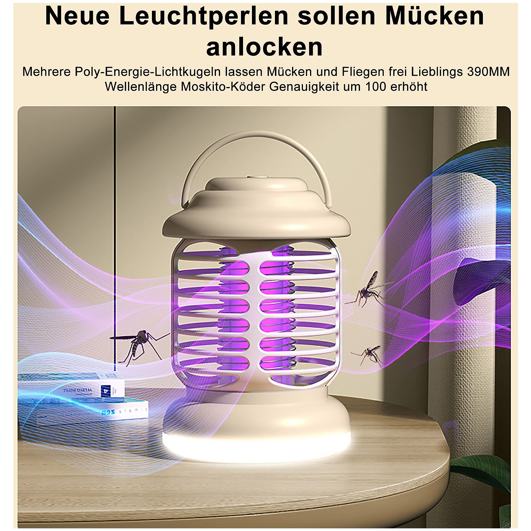 Ein weißer Insektenvernichter steht auf einem Tisch. Es hat ein violettes Licht und zieht Insekten an. Bücher links.