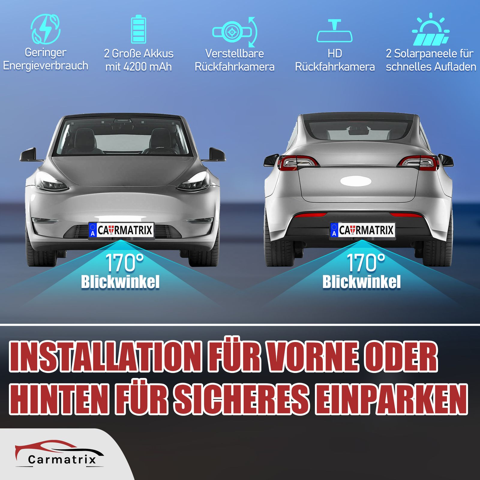 Zwei silberne Autos stehen sich gegenüber. Text zeigt Merkmale: Energiesparen, 2 Batterien, Rückfahrkamera, Solar.